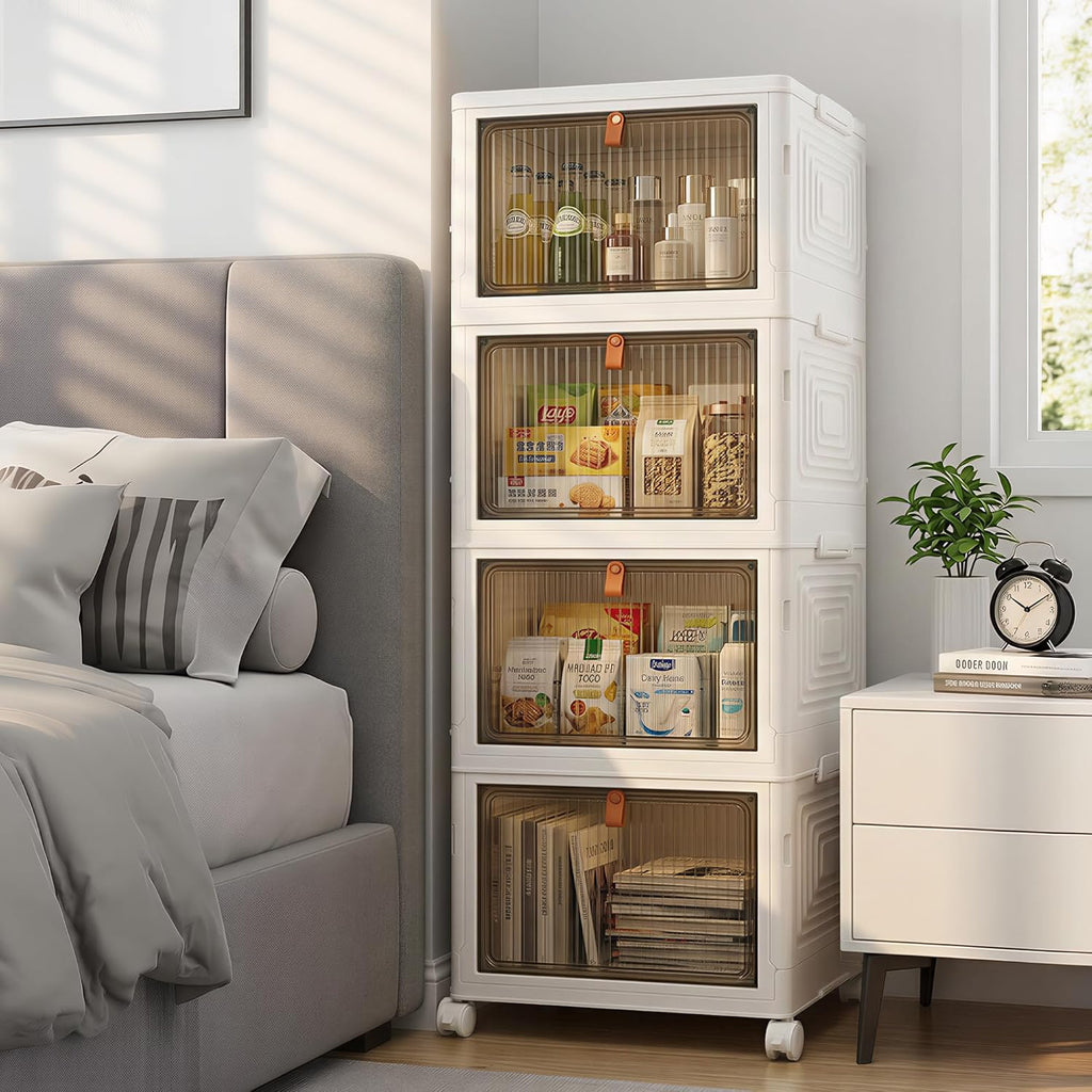 136Qt Large Storage Bins with Lids, 4 Tier Stackable Storage Cabinet with Wheels & Clear Doors, Foldable Plastic Closet Organizer for Bedroom, Bathroom & Kitchen