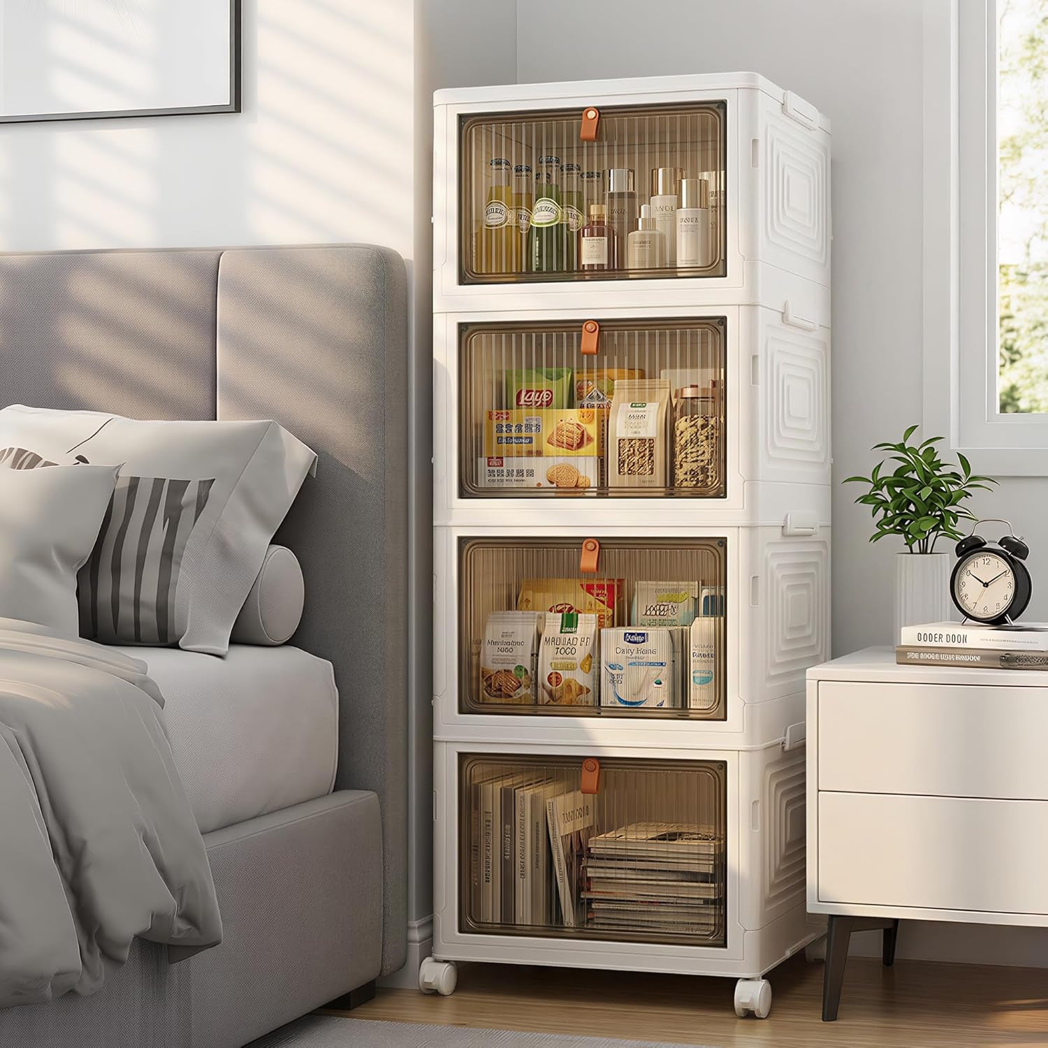 136Qt Large Storage Bins with Lids, 4 Tier Stackable Storage Cabinet with Wheels & Clear Doors, Foldable Plastic Closet Organizer for Bedroom, Bathroom & Kitchen