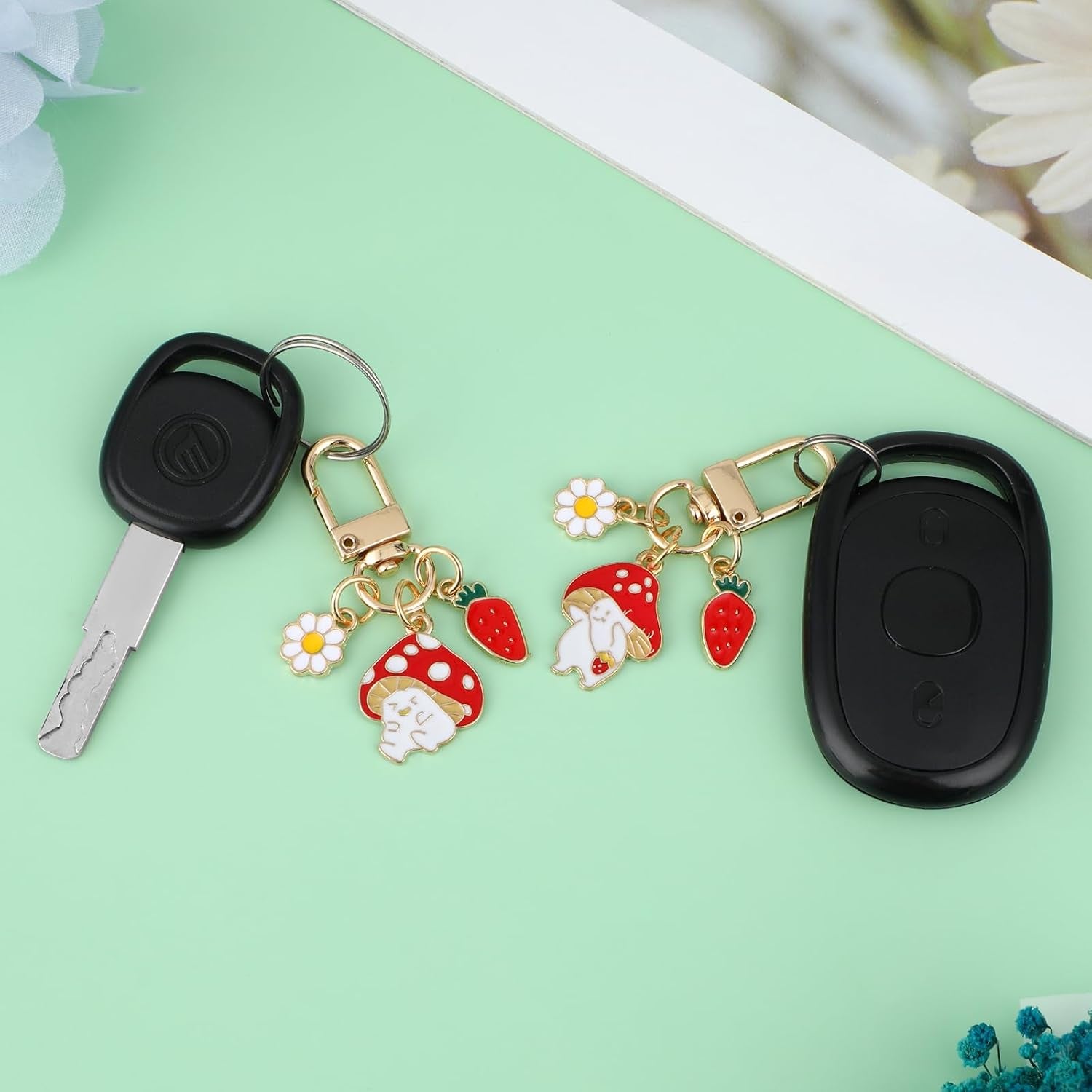 2 Pcs Key Charms for Keychain, Mushroom Strawberry Cute Keychains, Keychain Keyring Charms for Bag Car Ornaments, Party Valentine'S Day Gift for Women Girls