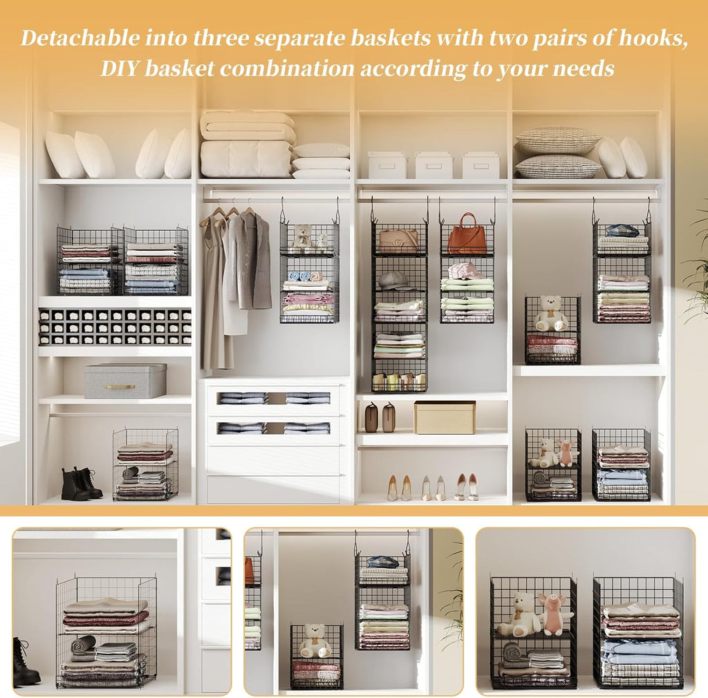 5 Tier Closet Hanging Organizer and Storage Separable Hanging Closet Shelves with 4 Hooks 2 Adjustable Dividers, Wire Storage Basket Bins for Clothing Sweaters Socks Dolls Handbags, Foldable