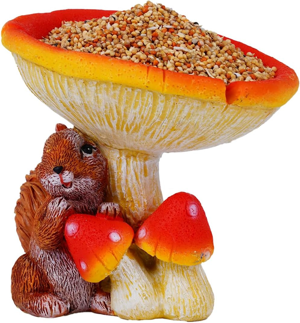 Resin Mushroom Statue Decor for Indoor and Outdoor Decoration, Bird, Small Animal, Insect Water Bowl Feeder for Garden, Backyard, Balcony (Squirrel)