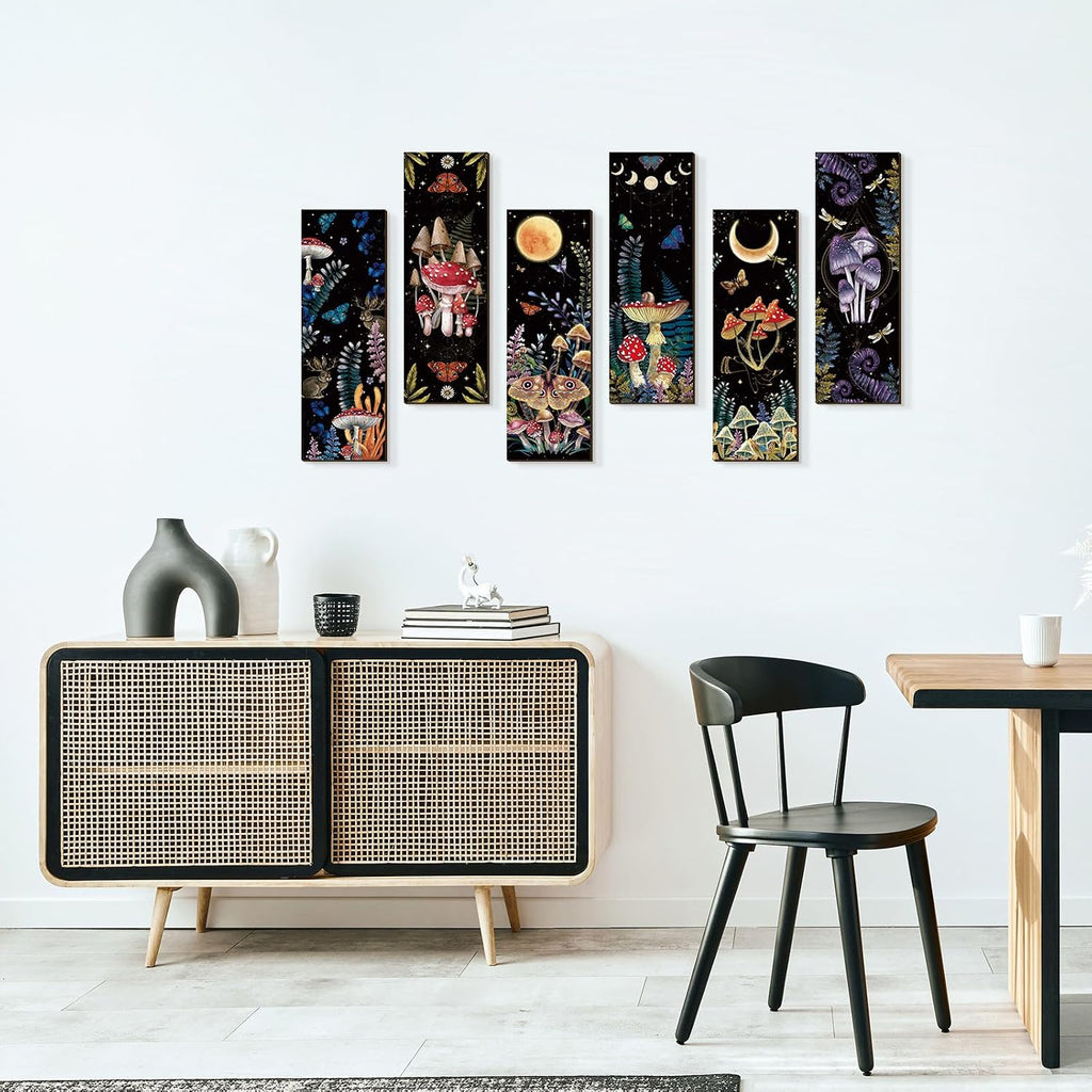 6 Pcs Mushroom Wall Decorations Gothic Wall Decor Minimalist Wooden Boho Hanging Witchy Farmhouse Pediments for Gallery Bedroom Living Room Decorations