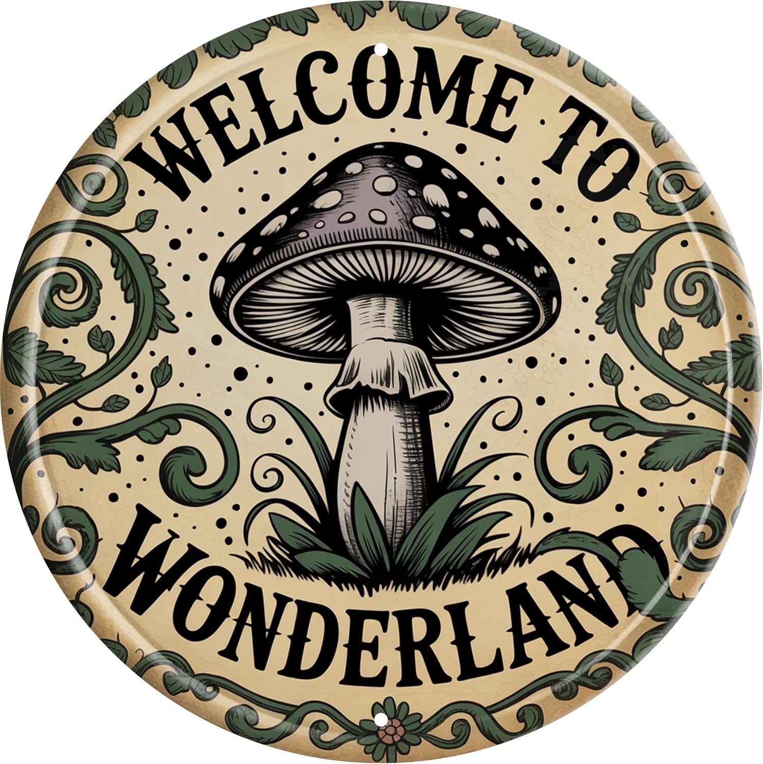Mushroom Decor Vintage round Metal Tin Sign “Welcome to Wonderland” 8 × 8 in Wall Decor for Kitchen Living Room Garden Cottage Gift