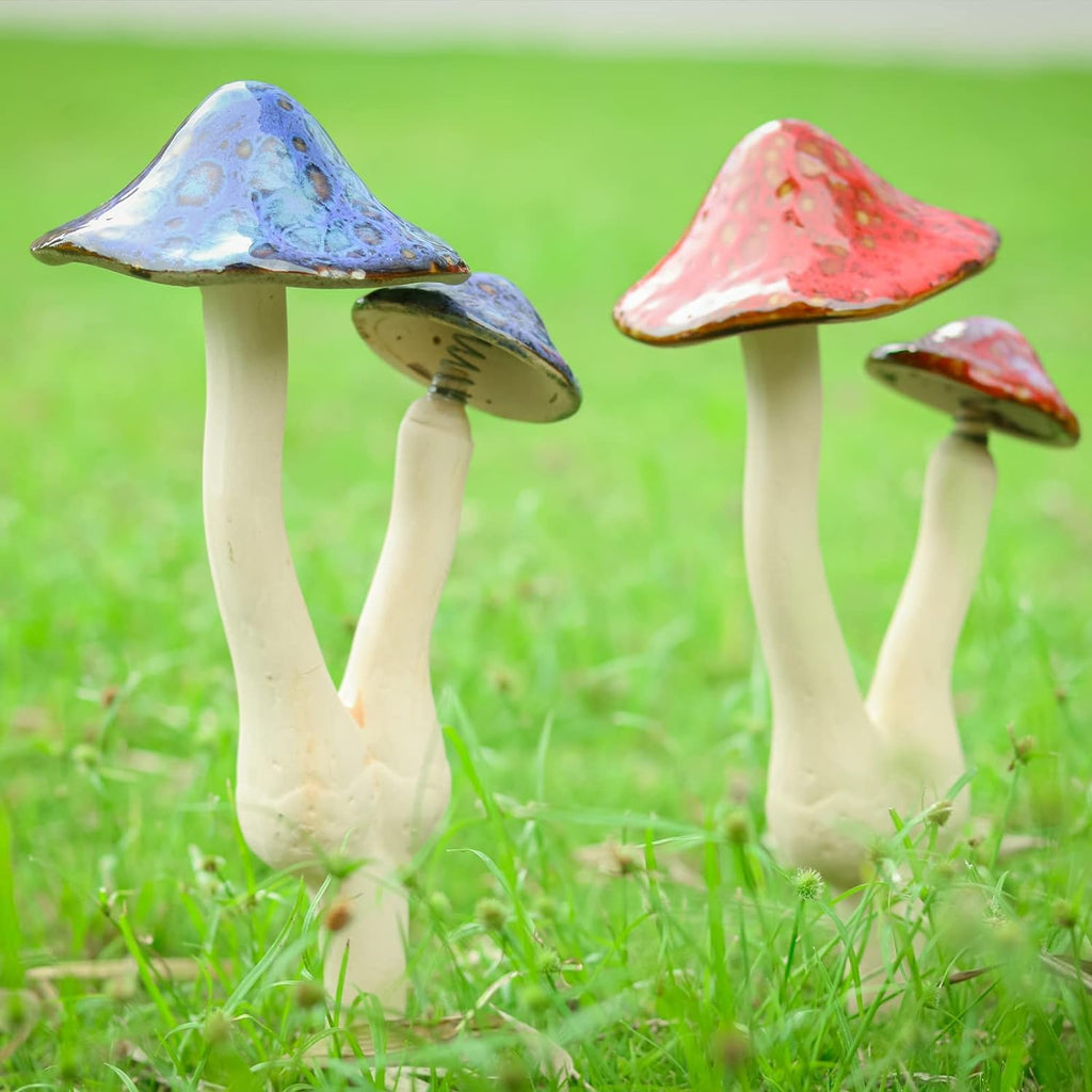 Mushroom Yard Decor - 2Pcs Ceramic Mushroom Statue for Garden, Fairy Garden Stakes Ceramic Lawn Ornament Decor Plants Stake