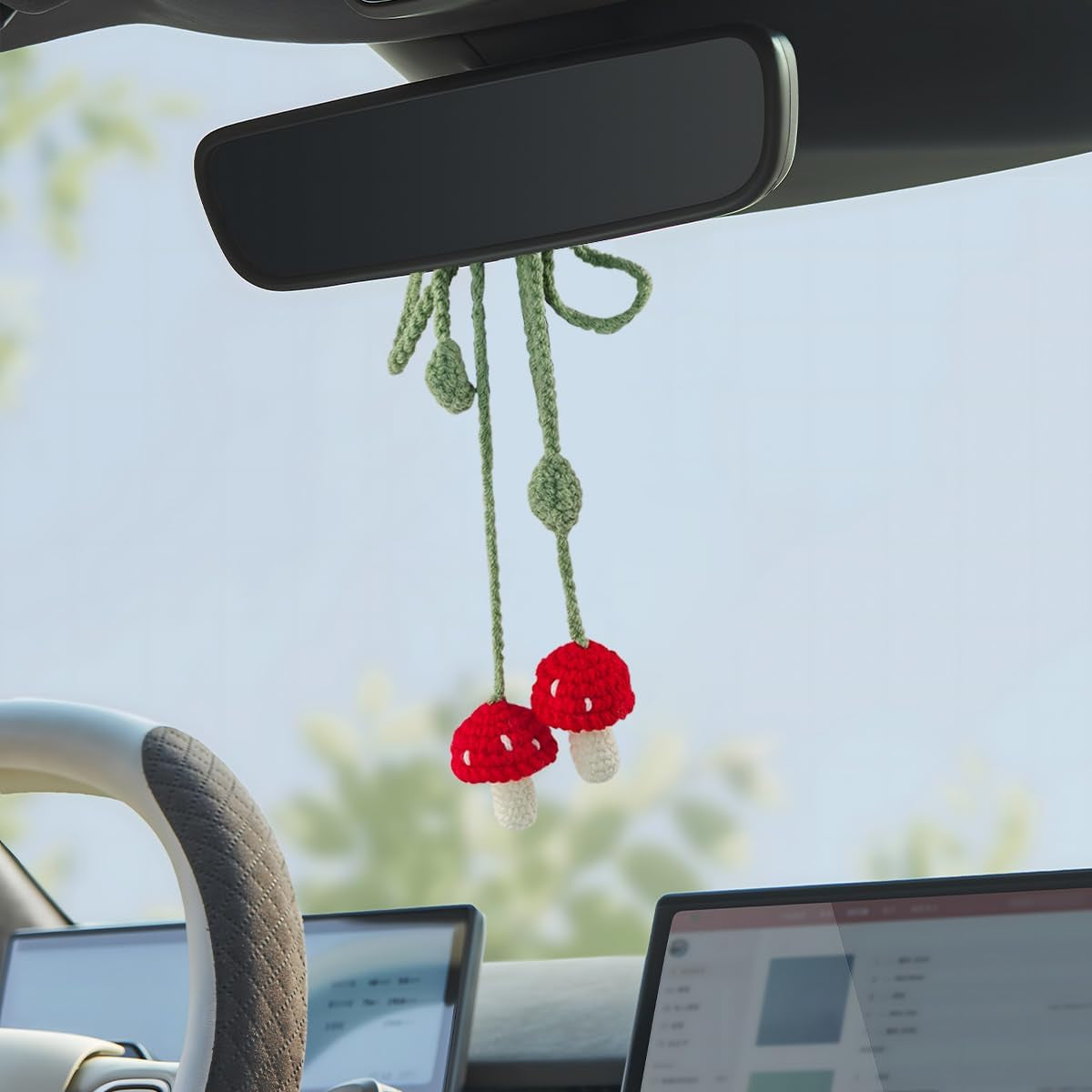 Mushroom Car Hanging Ornament, Cute Handmade Crochet Vehicle Rear View Mirror Pendant, Knitted Automotive Interior Decoration Charm Accessories, Universal for Sedan Truck SUV