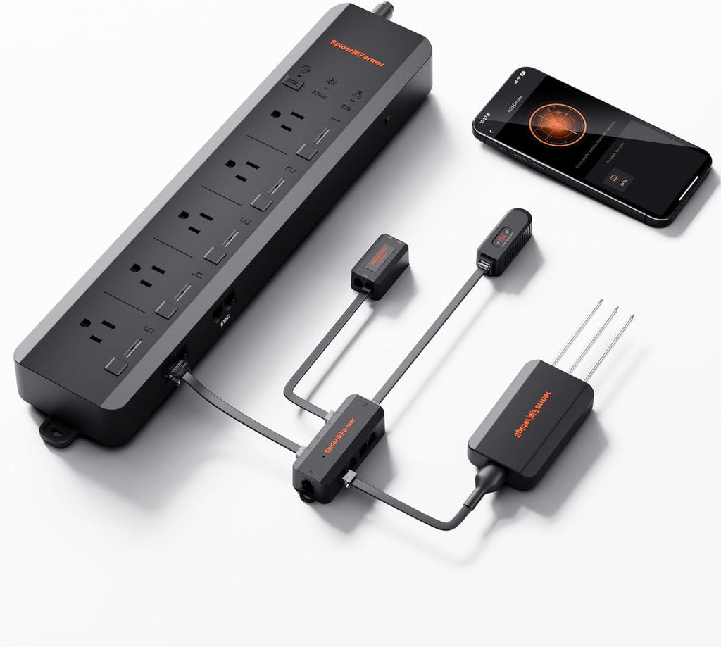 GGS AC5 Power Strip Kits, 5 AC App-Based Controls Outlets, 3 in 1 Soil Sensor, Temp Humid Light Sensor, for Indoor Grow Tent and Room