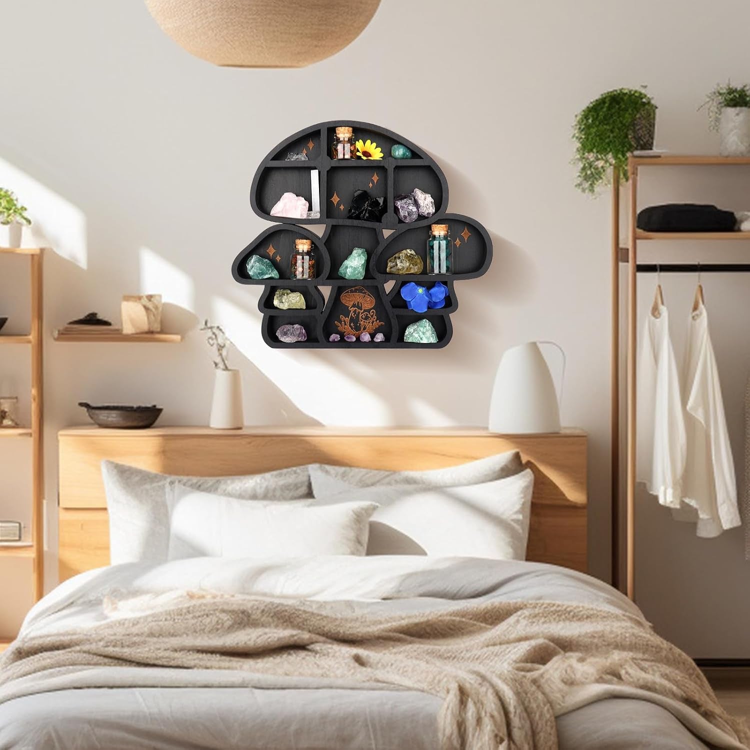 Wooden Mushroom Decor Cute Wall Decor Floating Shelves Crystal Display Shelf Witchy Home Decor Funny Mushroom Bathroom Decoration Spiritual Decor Mushroom Gifts (Cute)
