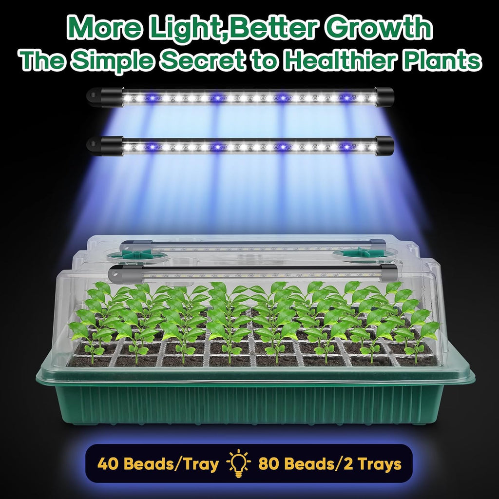Seed Starter Tray with Grow Light,2 Pack 80 Cells Seedling Tray Kit with Humidity Dome/Indoor Plant Starter Kit, Adjustable Brightness Plant Germination Trays-Green