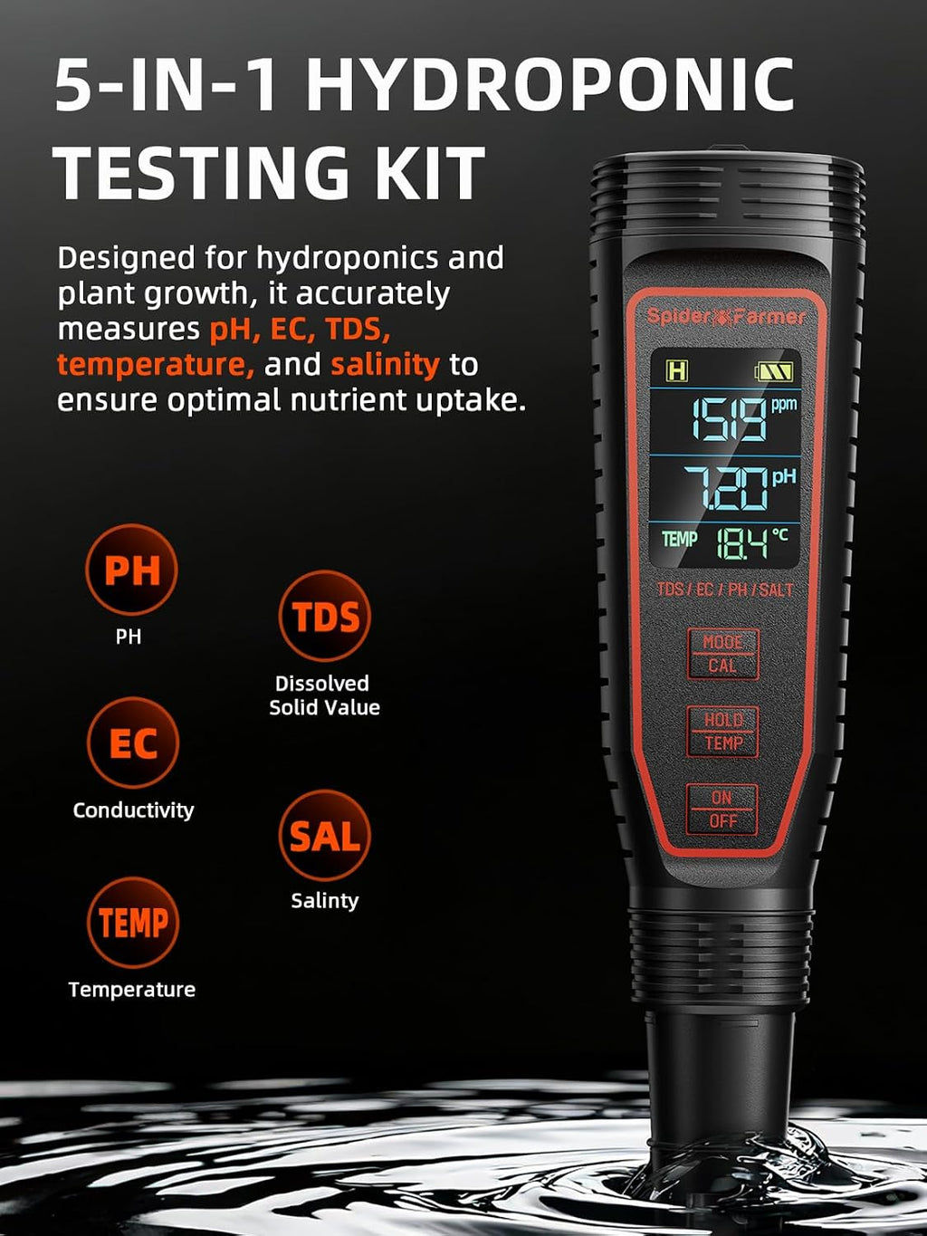 5-In-1 Digital Ph Meter Kit for Water, TDS EC Temperature Salinity Tester with ATC Rechargeable for Plants Hydroponics Pool Fish Tank and Aquarium (IP67 Waterproof)