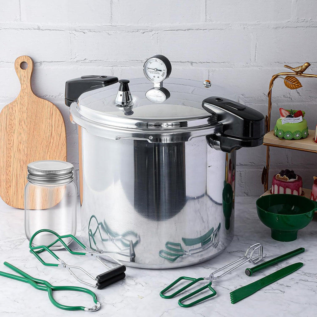 24Qt Pressure Cooker with 6 Mason Jars, 6 Canning Supplies with Pressure Panner Stainless Steel Steam Rack Gauge for Canning, Silver