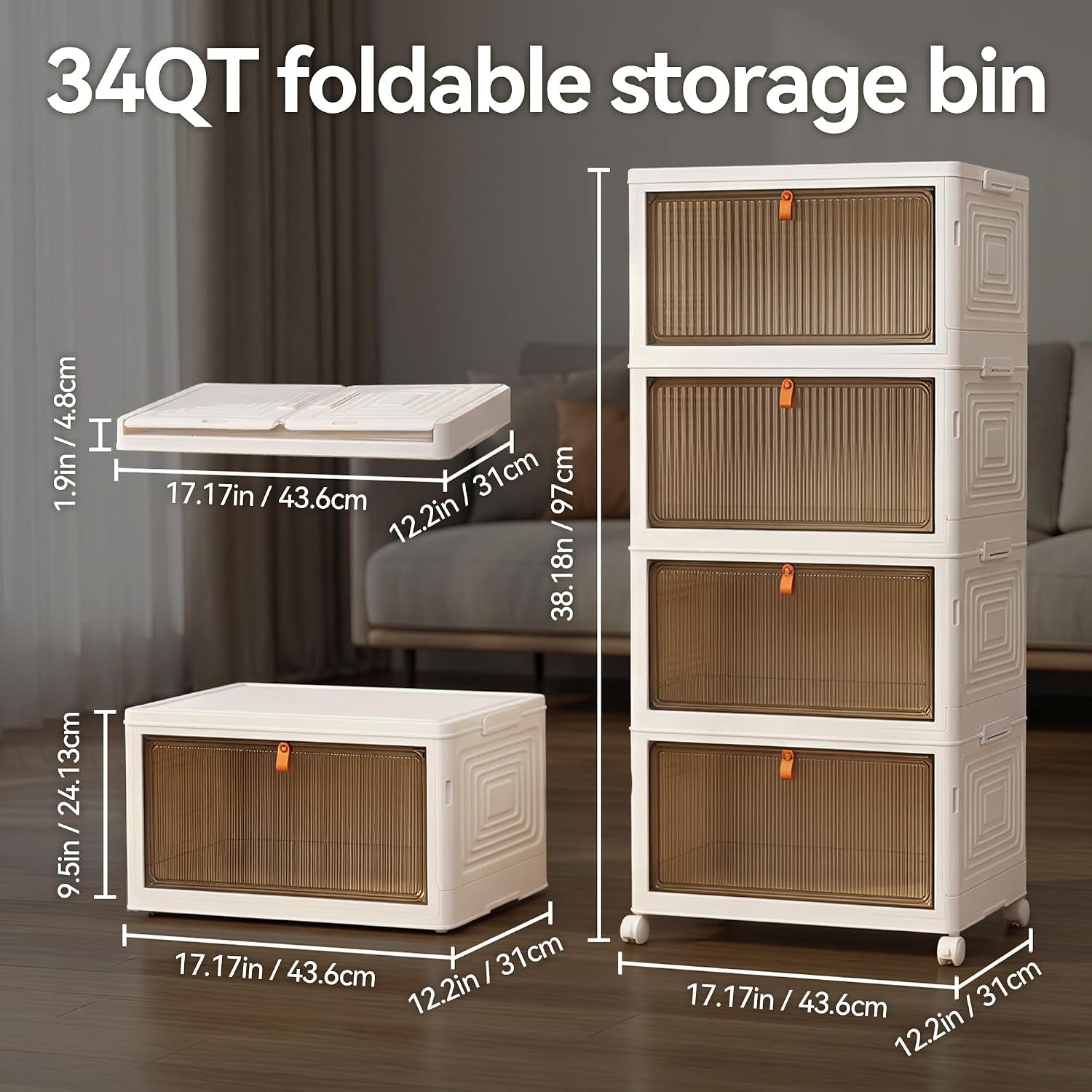 136Qt Large Storage Bins with Lids, 4 Tier Stackable Storage Cabinet with Wheels & Clear Doors, Foldable Plastic Closet Organizer for Bedroom, Bathroom & Kitchen