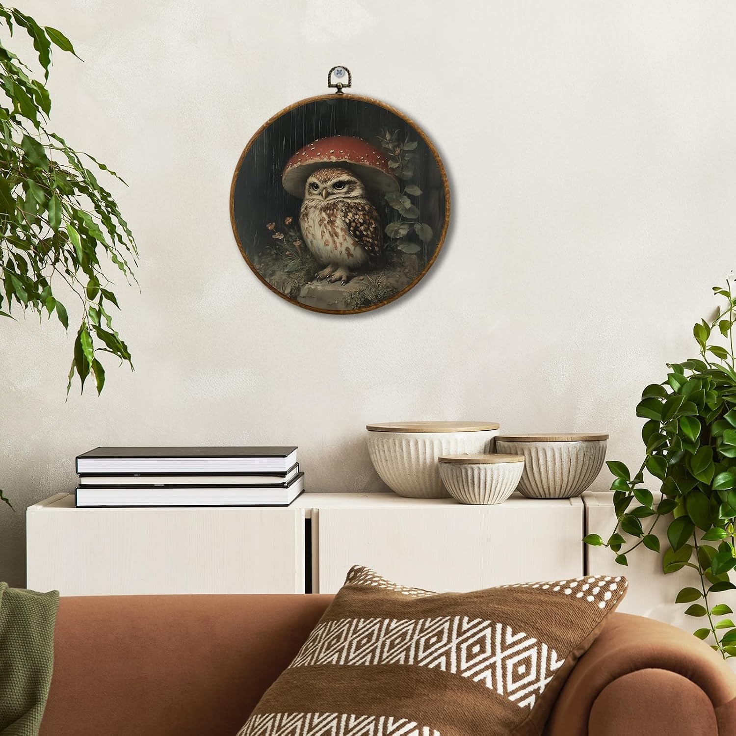 Cottage Core Mushroom Owl round Wall Decor, Dark Cottagecore Rainy Day Owl Mushroom Framed Canvas Prints, Rustic Wall Art Hanging Decorations for Home Bedroom Living Room Decor, 10X10In