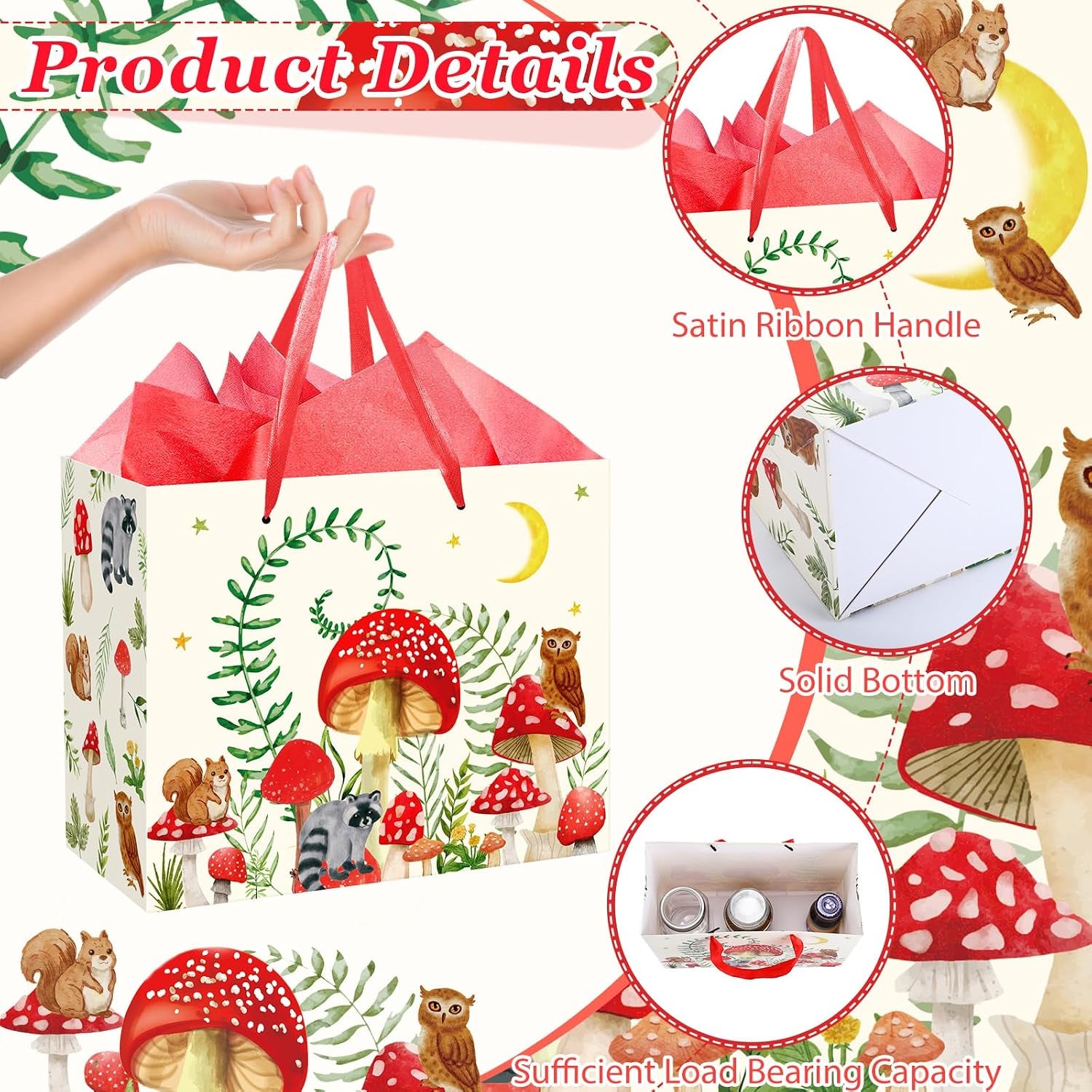 Mushroom Gift Bag for Mushroom Party Decoration Mushroom Birthday Gift Bag with Tissue Papers and Card Mushroom Themed Wrapping Bags Squirrel Owl for Boys Girls Xmas Jungle Party Christmas Baby Shower