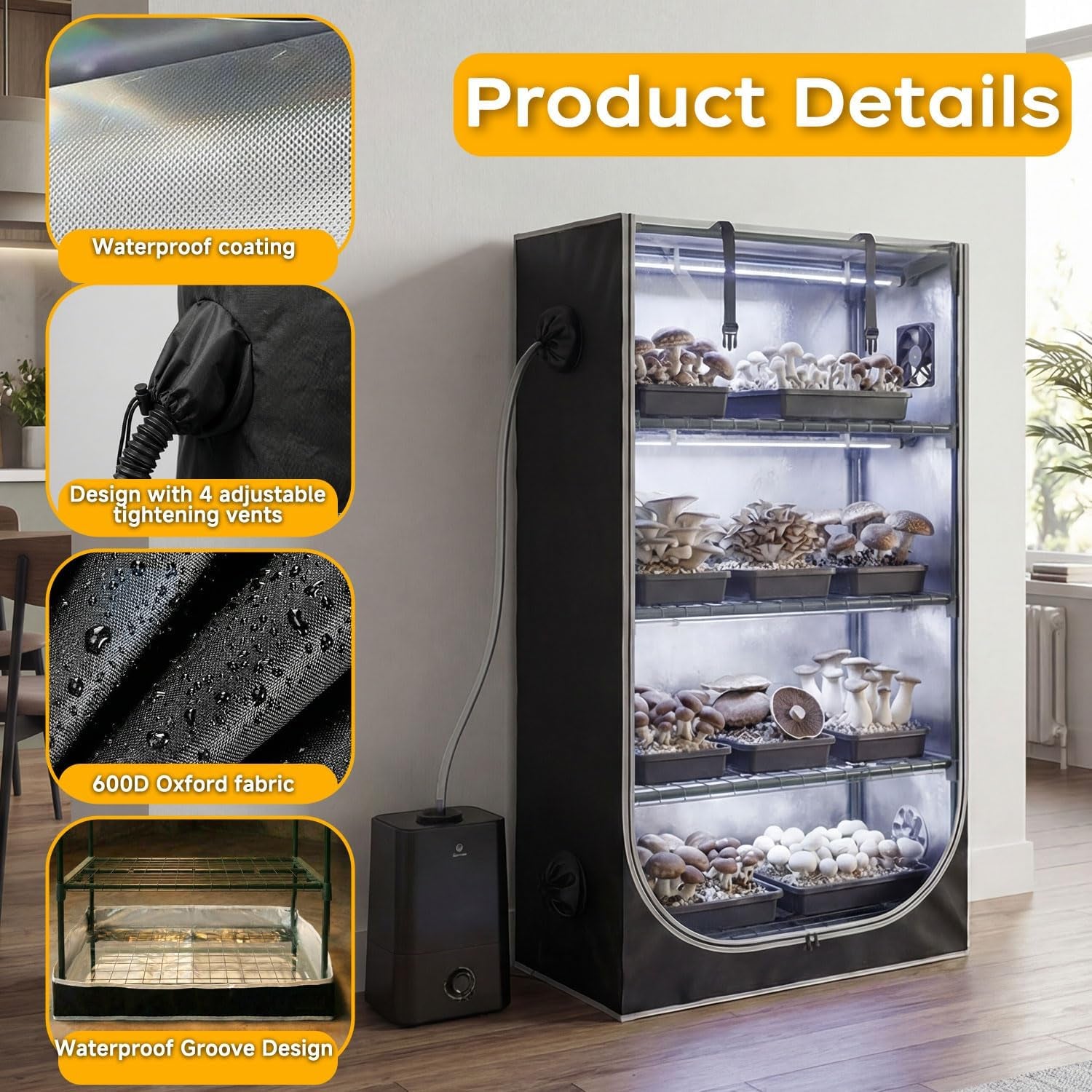 Mushroom Grow Tent Kit with Mushroom-Optimized Grow Lights & Timer | 27.5"W X 20"D X 65"H, Indoor Martha Tent with Oxford Fabric Cover, Small Greenhouse, 4" Vent Ports for Inline Fan, Humidifier