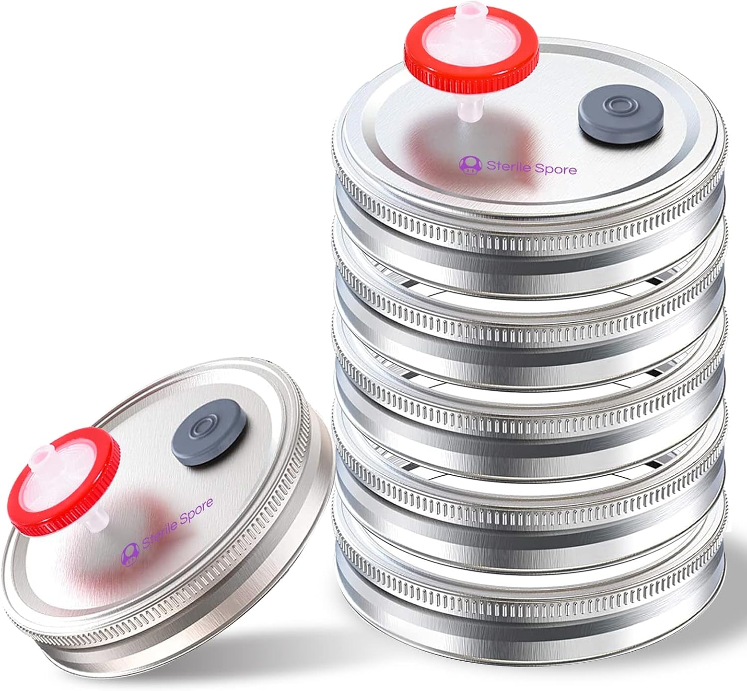 6Pcs Wide Mouth Mushroom Liquid Culture Lid,Split-Type Mason Jar Lid with 0.22Um PTFE Syringe Filter & 20Mm Self Healing Ports for Mushroom(Silver)
