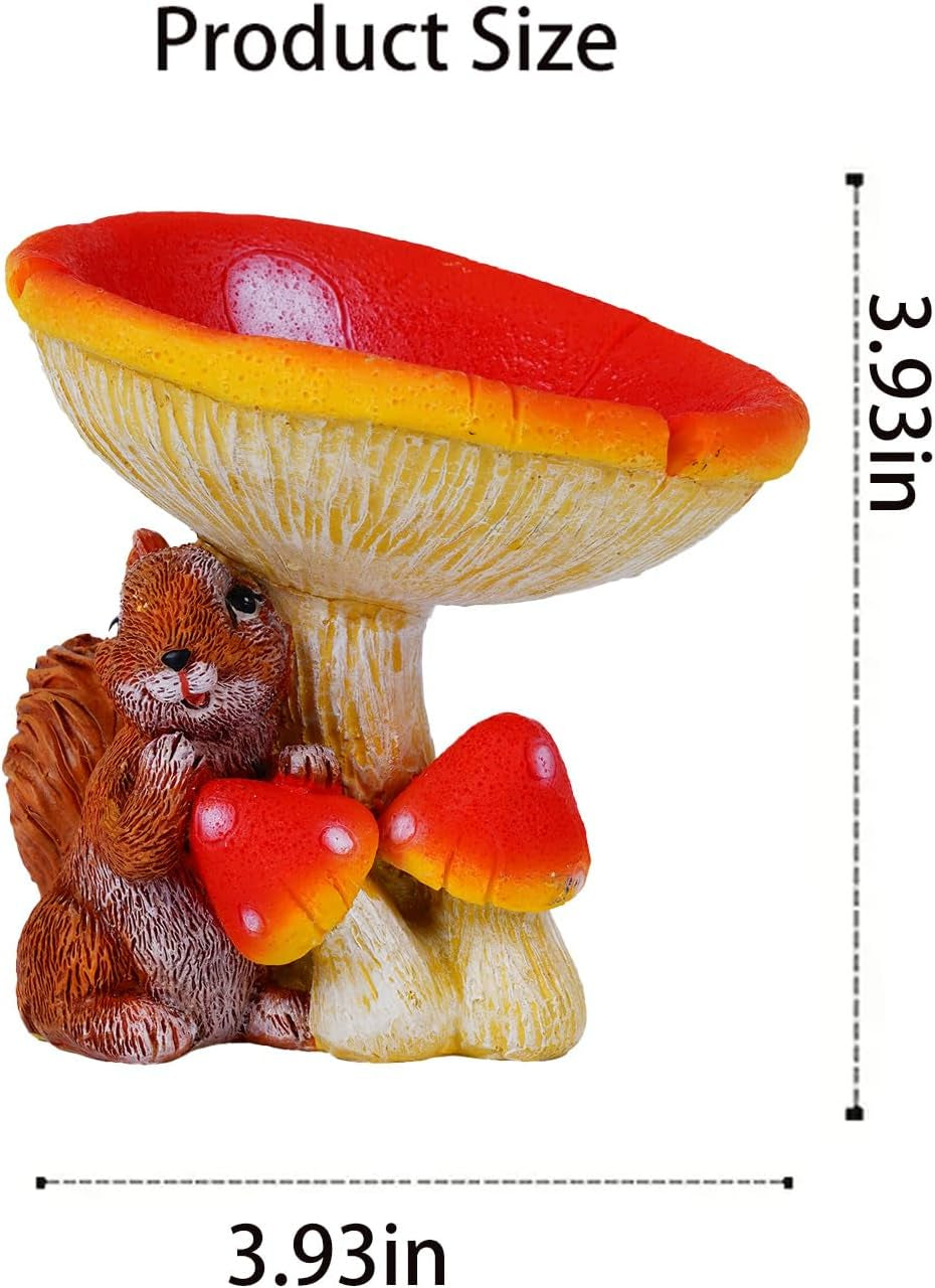 Resin Mushroom Statue Decor for Indoor and Outdoor Decoration, Bird, Small Animal, Insect Water Bowl Feeder for Garden, Backyard, Balcony (Squirrel)