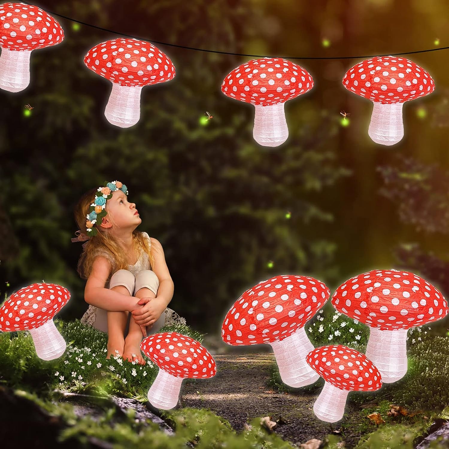 Mushroom Hanging Lanterns, Mushroom Shaped Paper Lantern for Forest Jungle Wonderland Theme Birthday Party Decor Fairy Baby Shower Nursery Garden Wedding Decoration (12IN & 8IN)