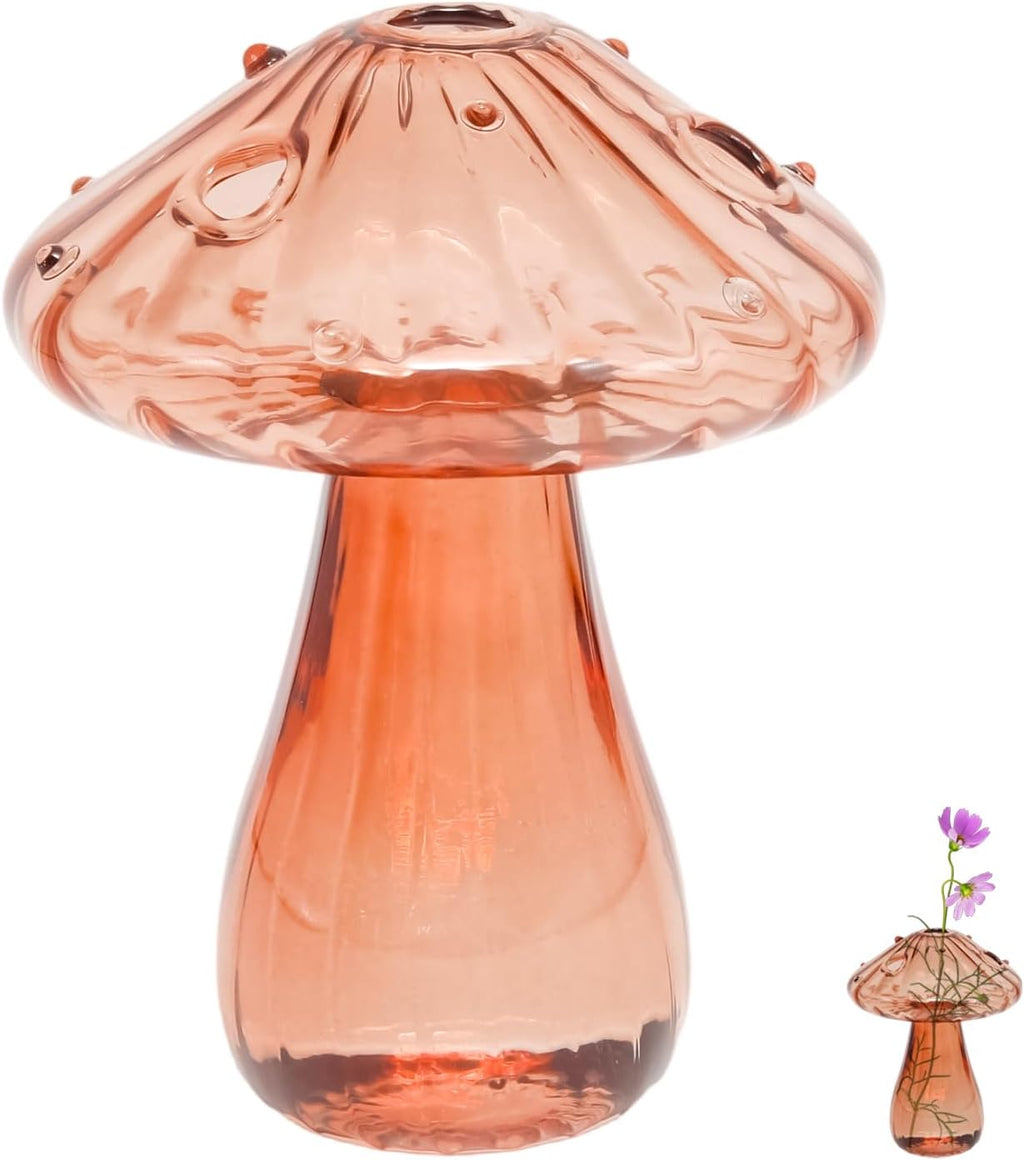 4.7" Brown Mushroom Vase Glass Decorative Mushroom Planter Propagation Station Small Flower Vase for Office Home Decor