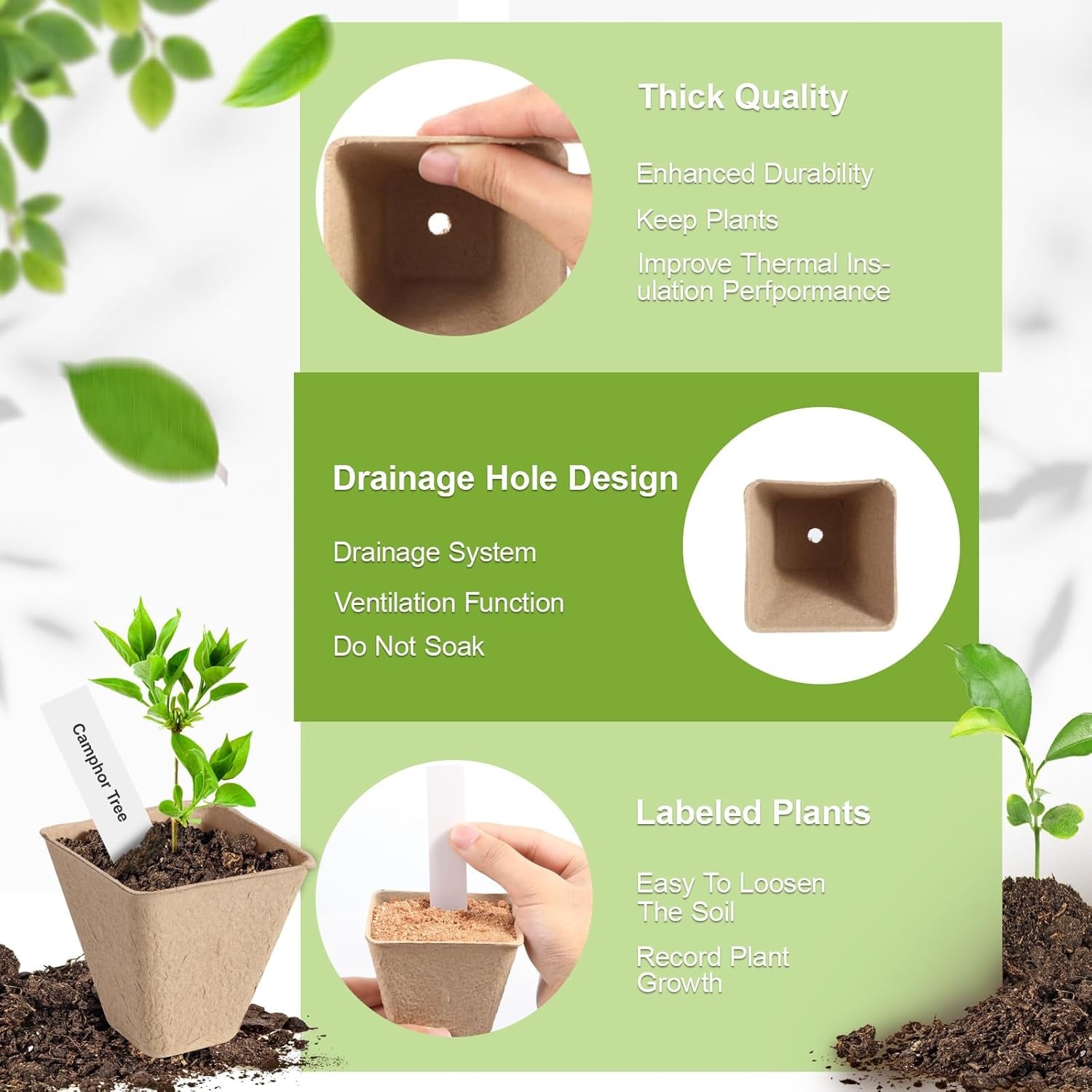 36 Pcs 3In Square Peat Nursery Pots, Biodegradable Herb Seed Nursery Pot Kits, Seedling Pots, Outdoor Garden Sprouting Peat Pots with 36 Plant Tags