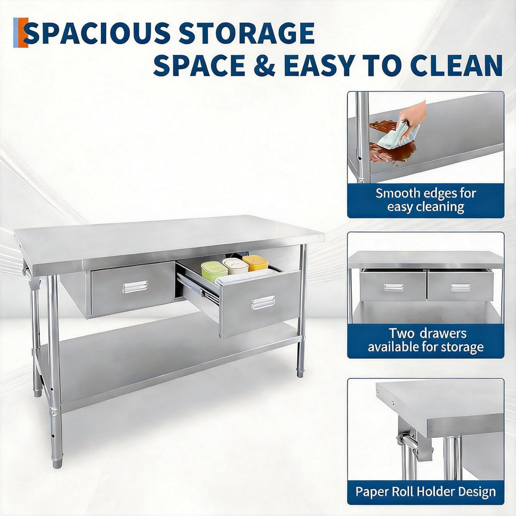 Stainless Steel Table with Drawers, 48" X 24" Commercial Work Tables with Undershelf, Metal Kitchen Prep Table for Home Restaurant Garage, Commercial Workbench