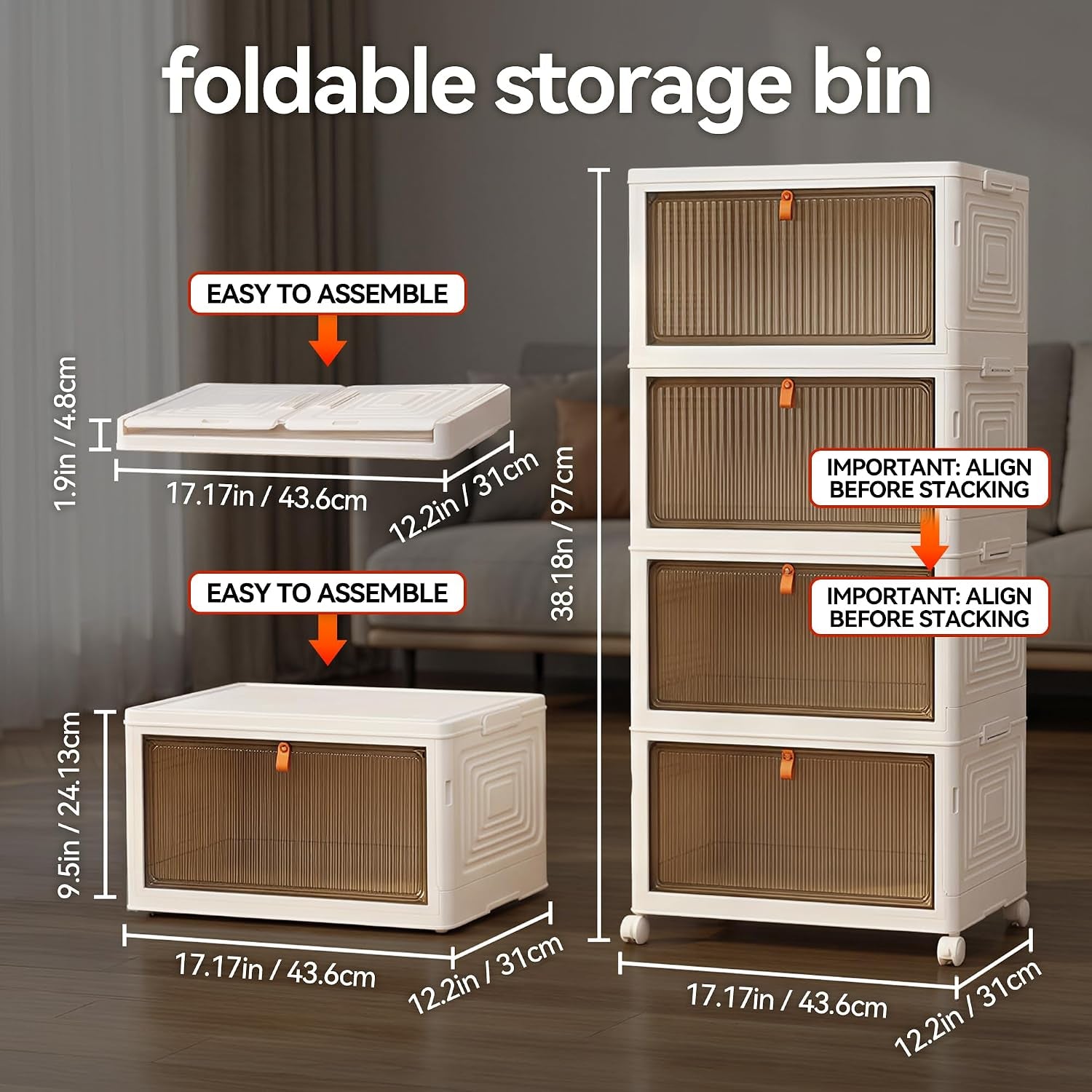 136Qt Large Storage Bins with Lids, 4 Tier Stackable Storage Cabinet with Wheels & Clear Doors, Foldable Plastic Closet Organizer for Bedroom, Bathroom & Kitchen
