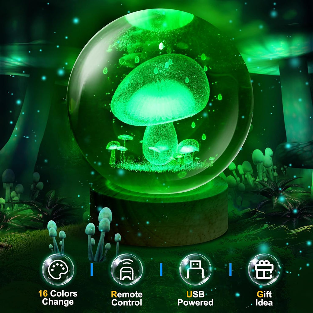 Mushroom Lamp,3.15 Inch 3D K9 Crystal Ball Mushroom Night Light with Wooden Base,16 Colors Change,Remote Control,Color Box,Birthday Christmas Gift