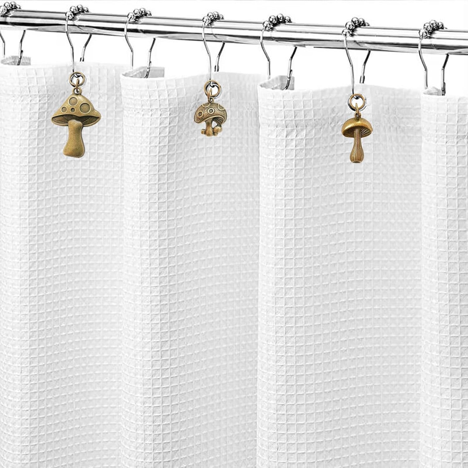Mushroom Shower Curtain Hooks, 12Pcs Rustproof Metal Cute Retro Mushroom Shower Curtain Hooks Rings for Boho Fairy Forest Country Cottagecore Style Home Bathroom Decor (Bronze)