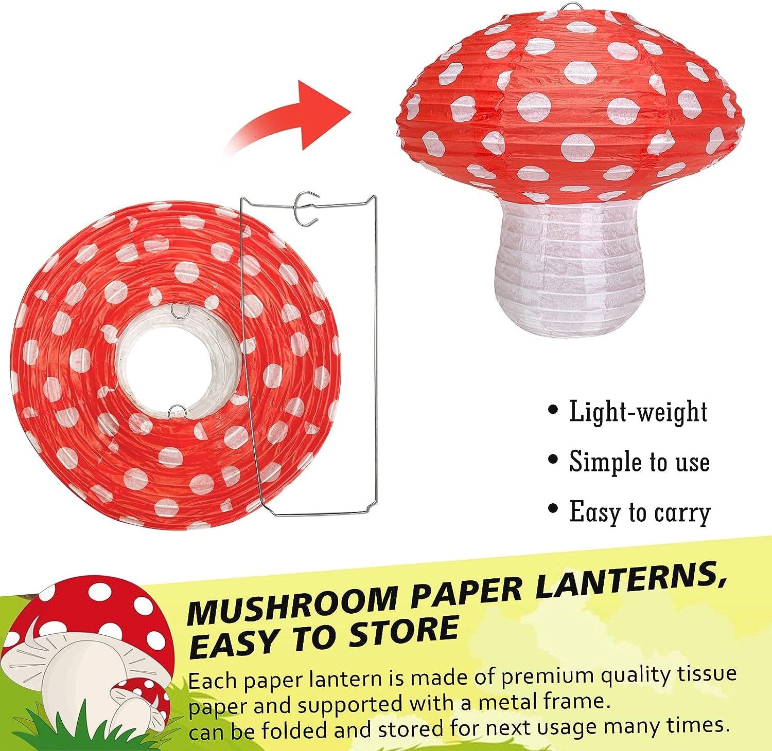 Mushroom Hanging Lanterns, Mushroom Shaped Paper Lantern for Forest Jungle Wonderland Theme Birthday Party Decor Fairy Baby Shower Nursery Garden Wedding Decoration (12IN & 8IN)