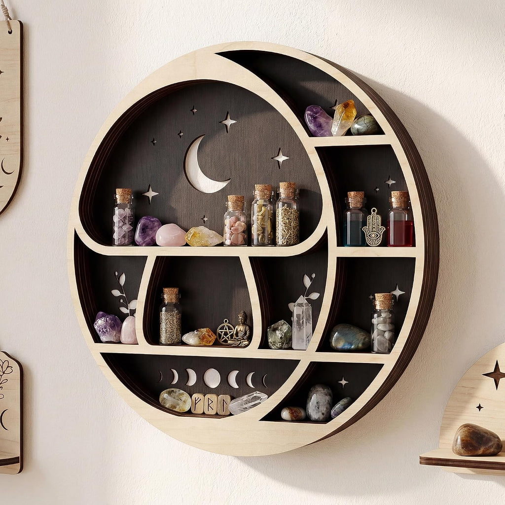Mushroom Moon Shelf Wall Decor with LED Light, Circle Wooden Trinket Knick Knack Shelf, Moon Decor Crystal Display Shelves for Rocks Gems Healing Stones, Cute Crystal Holder Organizer