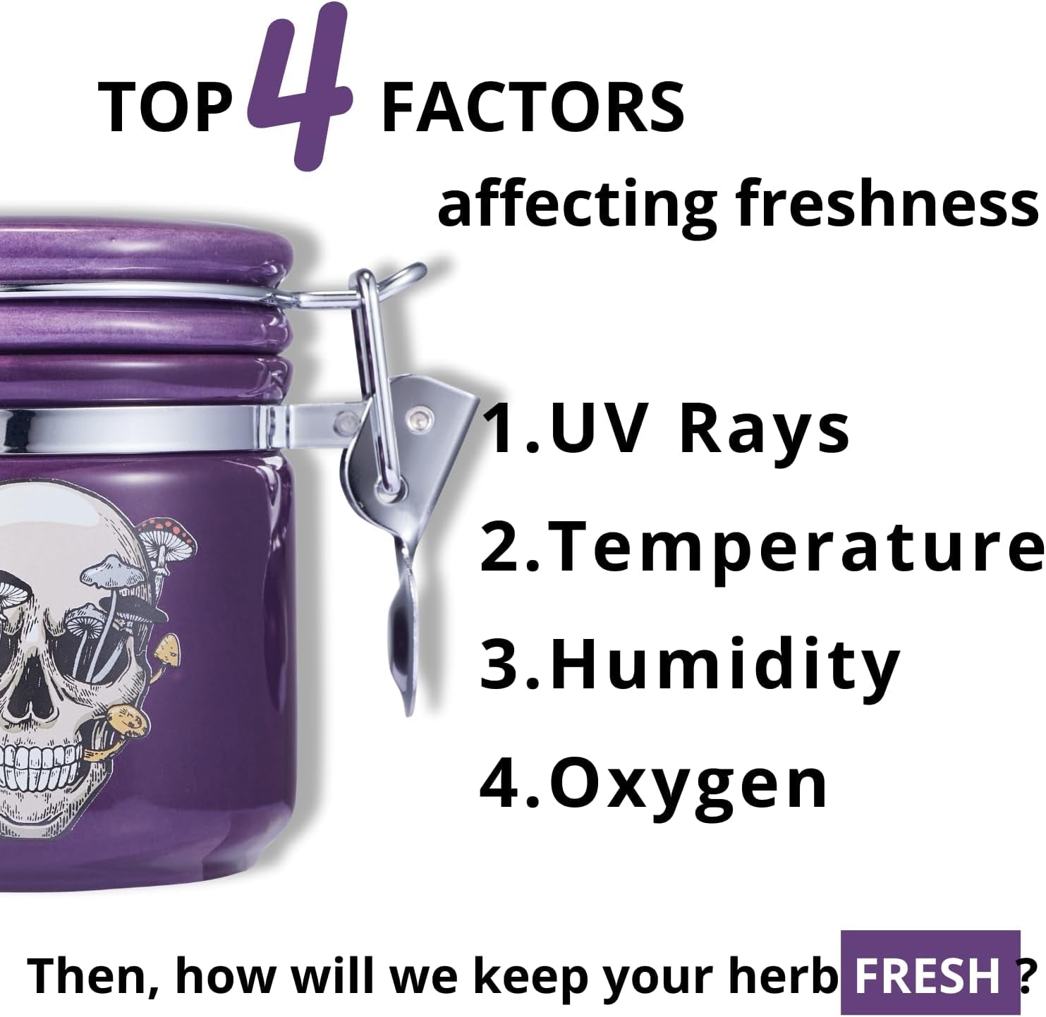 Mushroom Skull Stash Jar Half Oz (250Ml), Odor Smell Proof Jar Airtight Container Keep Herbs Fresh Storage, Mushroom Skull Bowl Bottle Holder - Goth Skull Decor Gothic Mushroom Skull Gifts - Purple