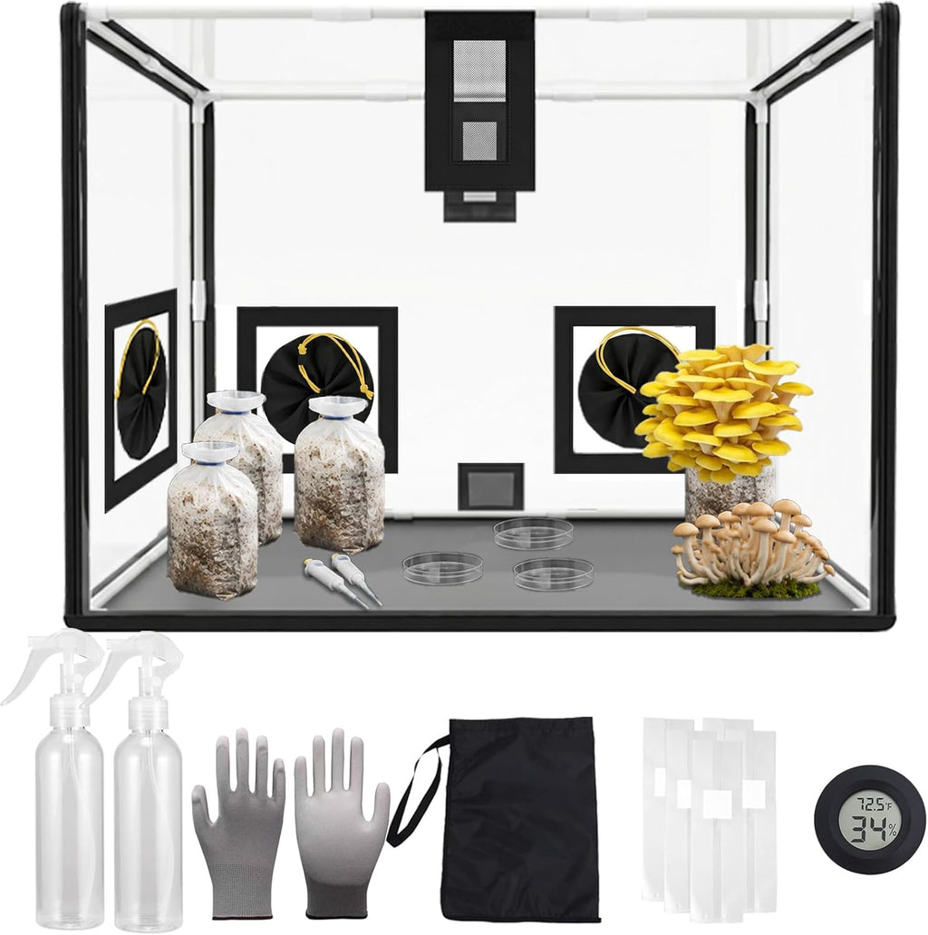 Mushroom Mycology Large Still Air Box 31.5X 20.5X 20.5 Inch Professional-Grade Grow Tent with Flow Hood & Monotub Kit, Mushroom Planting Bag Tent Kit for Spores Horticulture Supplies Home Scientists