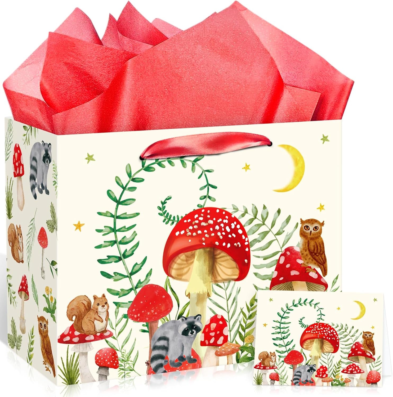 Mushroom Gift Bag for Mushroom Party Decoration Mushroom Birthday Gift Bag with Tissue Papers and Card Mushroom Themed Wrapping Bags Squirrel Owl for Boys Girls Xmas Jungle Party Christmas Baby Shower