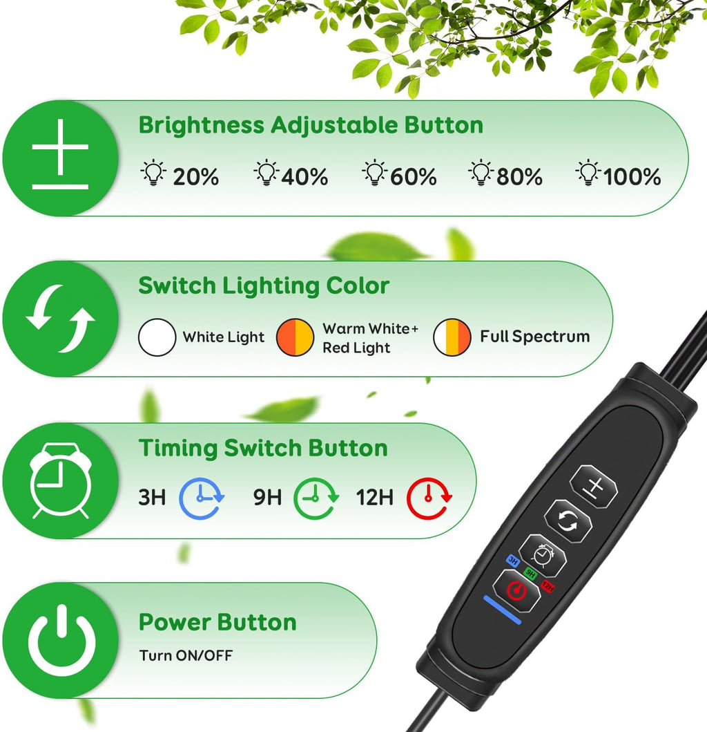 LED Grow Lights for Indoor Plants, 3Heads Grow Lights for Seed Starting, 10 Dimmable Levels & 3 Timer Modes (3/9/12H), Adjustable 360° Gooseneck with Clip, Plant Grow Light 2 Pack