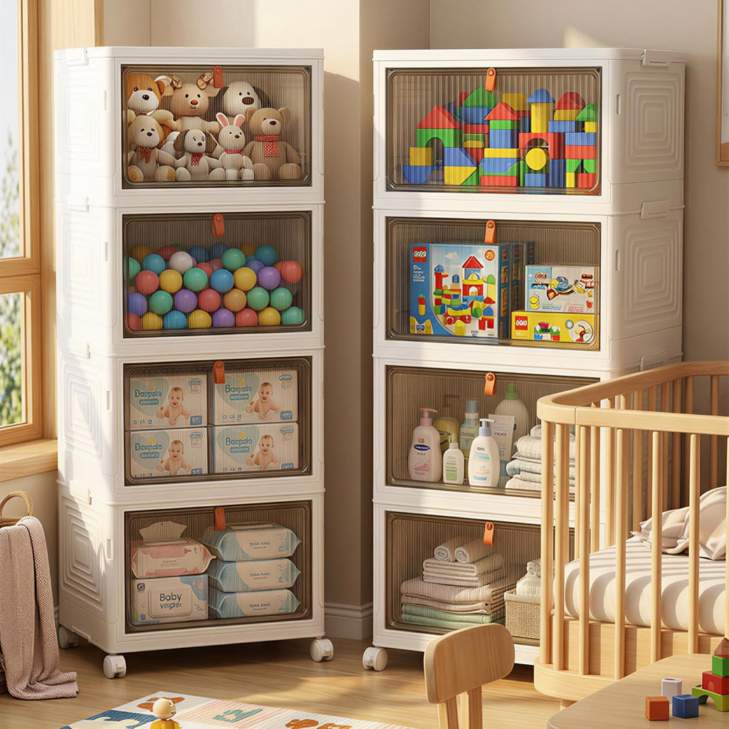136Qt Large Storage Bins with Lids, 4 Tier Stackable Storage Cabinet with Wheels & Clear Doors, Foldable Plastic Closet Organizer for Bedroom, Bathroom & Kitchen