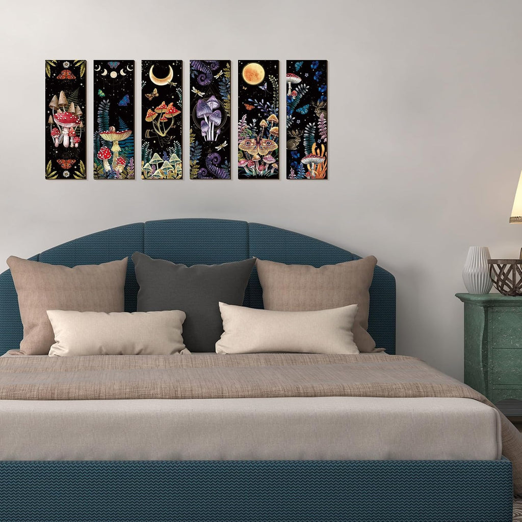 6 Pcs Mushroom Wall Decorations Gothic Wall Decor Minimalist Wooden Boho Hanging Witchy Farmhouse Pediments for Gallery Bedroom Living Room Decorations