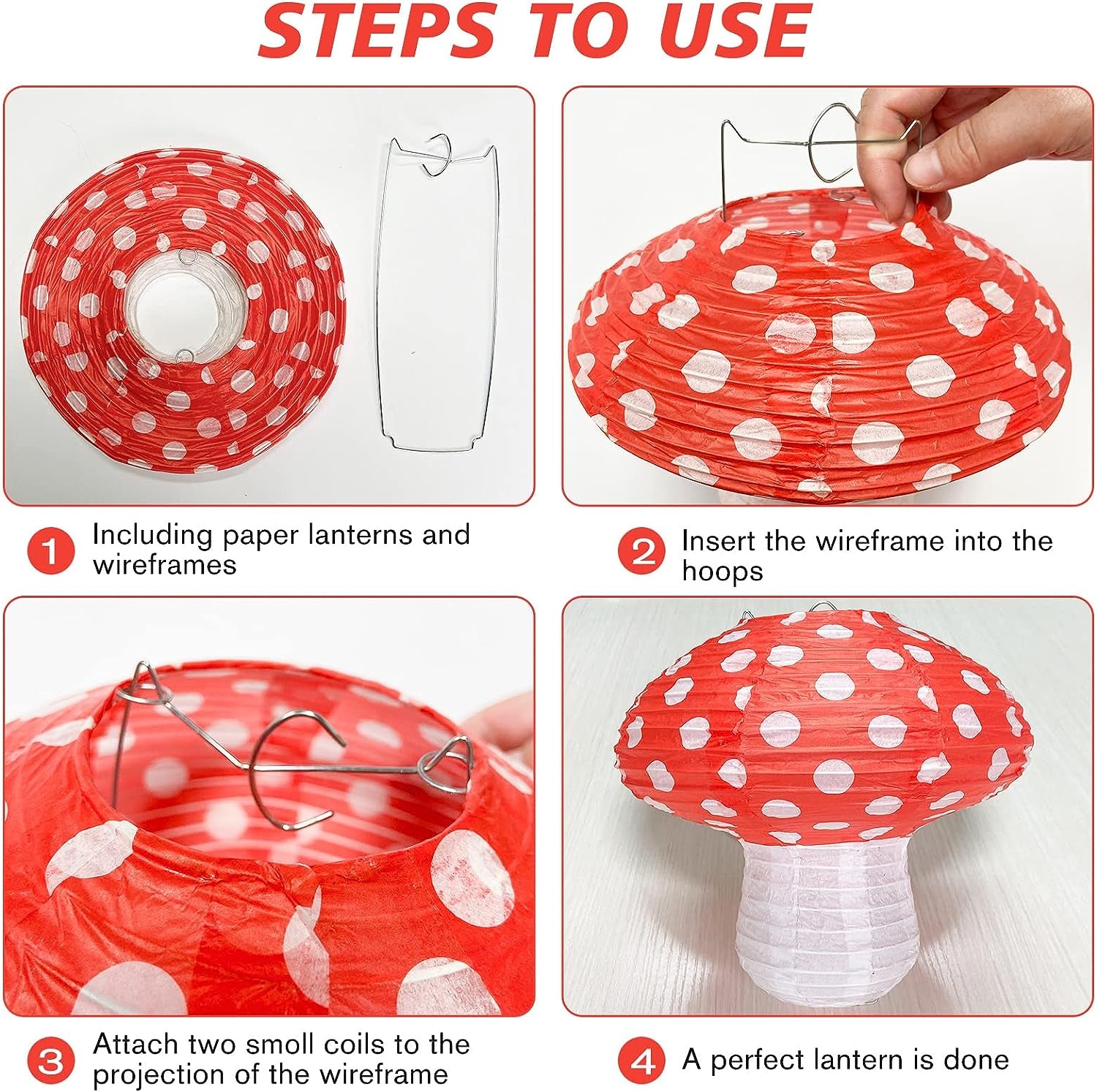 Mushroom Hanging Lanterns, Mushroom Shaped Paper Lantern for Forest Jungle Wonderland Theme Birthday Party Decor Fairy Baby Shower Nursery Garden Wedding Decoration (12IN & 8IN)