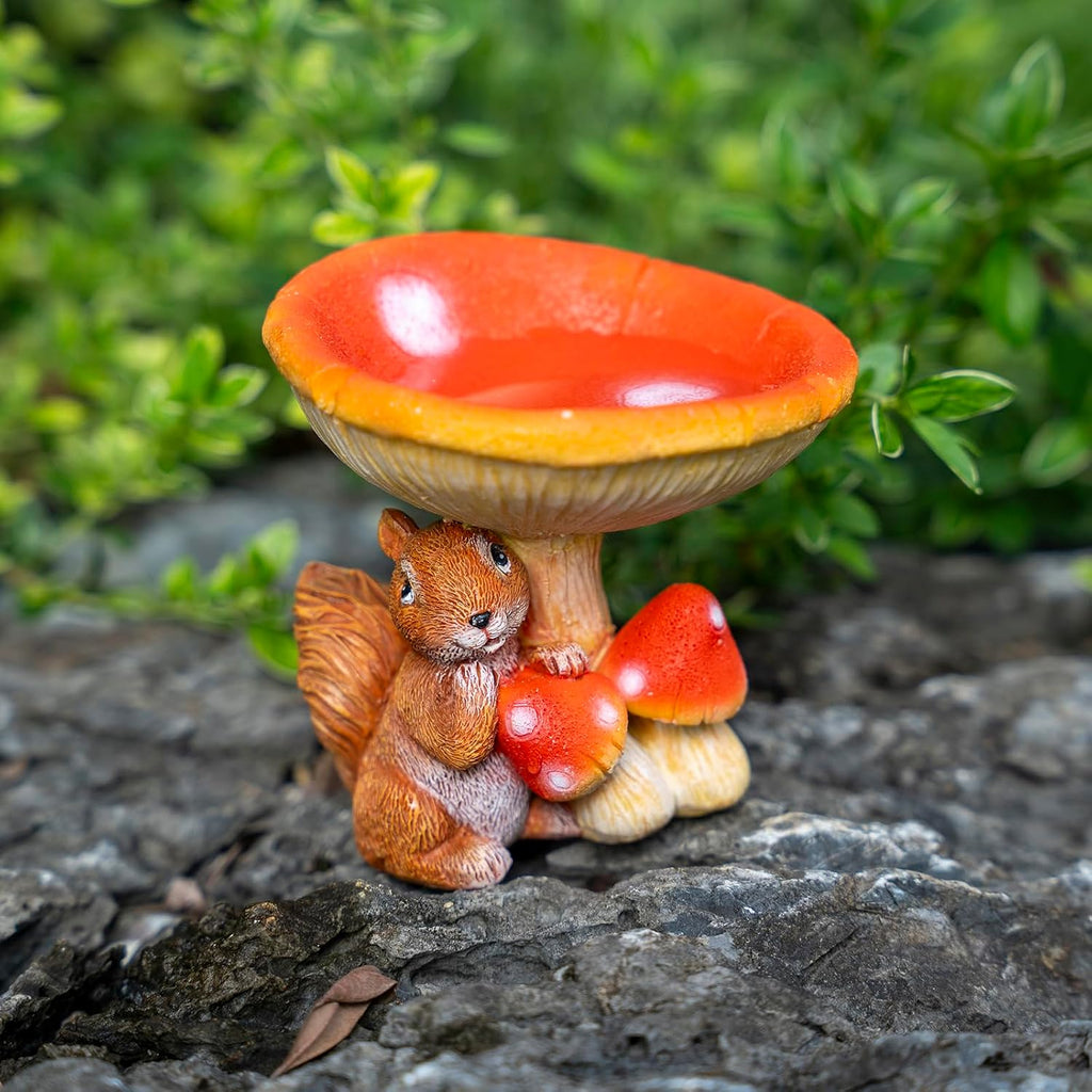 Resin Mushroom Statue Decor for Indoor and Outdoor Decoration, Bird, Small Animal, Insect Water Bowl Feeder for Garden, Backyard, Balcony (Squirrel)