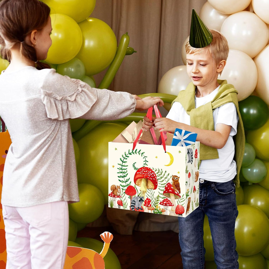 Mushroom Gift Bag for Mushroom Party Decoration Mushroom Birthday Gift Bag with Tissue Papers and Card Mushroom Themed Wrapping Bags Squirrel Owl for Boys Girls Xmas Jungle Party Christmas Baby Shower