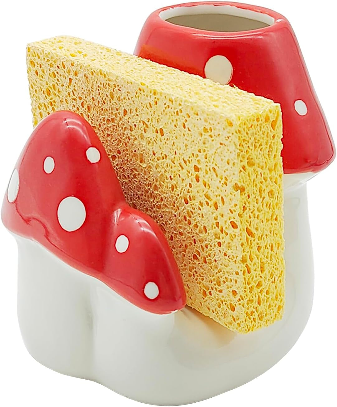 Mushroom Sponge Holder for Kitchen Sink Cute Kitchen Decor Mushroom Decor Ceramic Dish Sponge Brush Holder Kitchen Accessories Mushroom Gifts (Red)