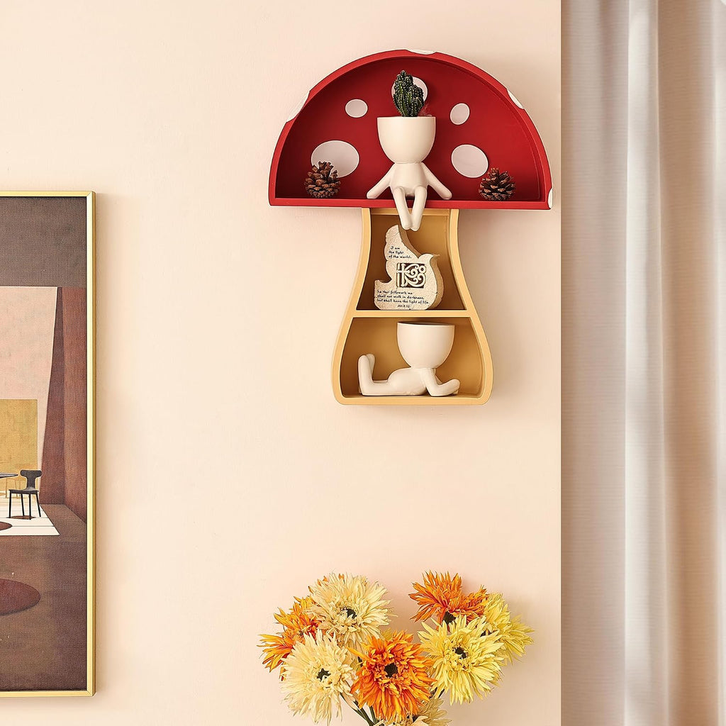 Floating Mushroom Shelf, Fun & Whimsical Wall Decor for Nursery, Bedroom, Kitchen & Bathroom, Unique Wall Shelves for Living Room - Adorable Mushroom Stuff & Room Decor, Ideal for Gifts