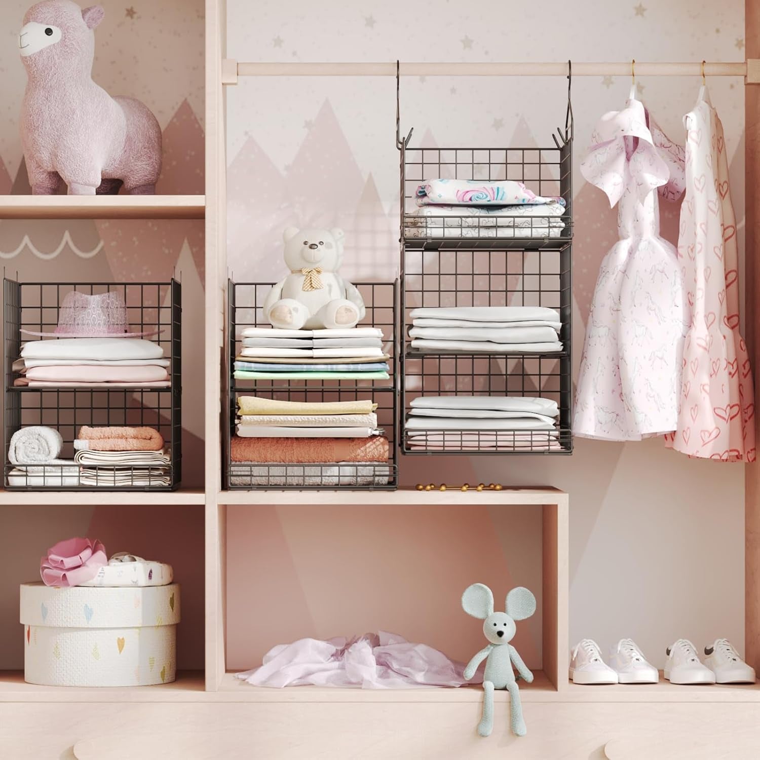 5 Tier Closet Hanging Organizer and Storage Separable Hanging Closet Shelves with 4 Hooks 2 Adjustable Dividers, Wire Storage Basket Bins for Clothing Sweaters Socks Dolls Handbags, Foldable