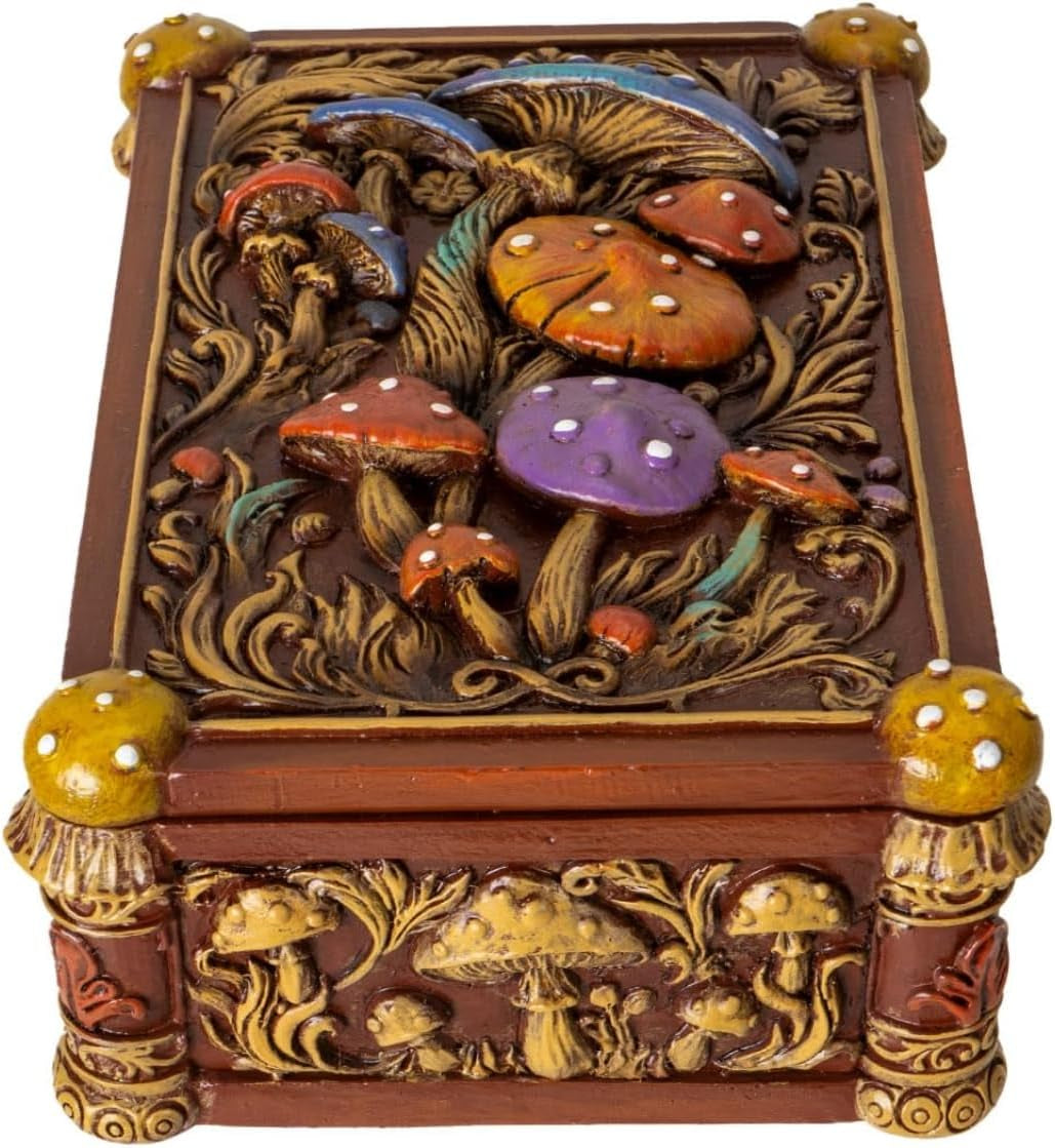 Enchanted Mushroom Tarot Box with Colorful Toadstool Forest Design Ideal for Tarot Jewelry Trinkets or Home Decor 5.83" Long