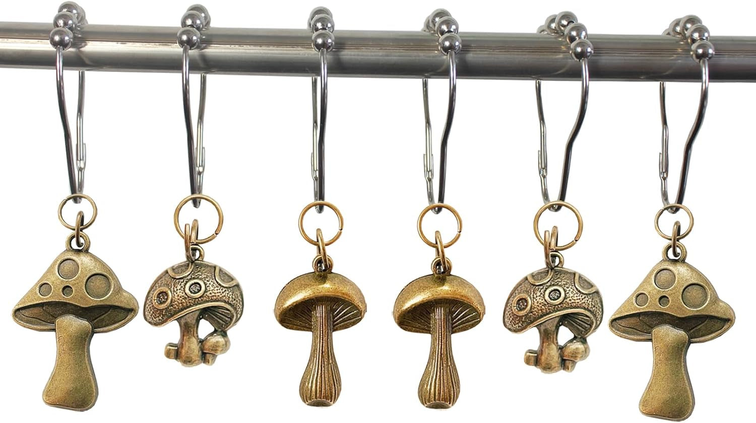 Mushroom Shower Curtain Hooks, 12Pcs Rustproof Metal Cute Retro Mushroom Shower Curtain Hooks Rings for Boho Fairy Forest Country Cottagecore Style Home Bathroom Decor (Bronze)