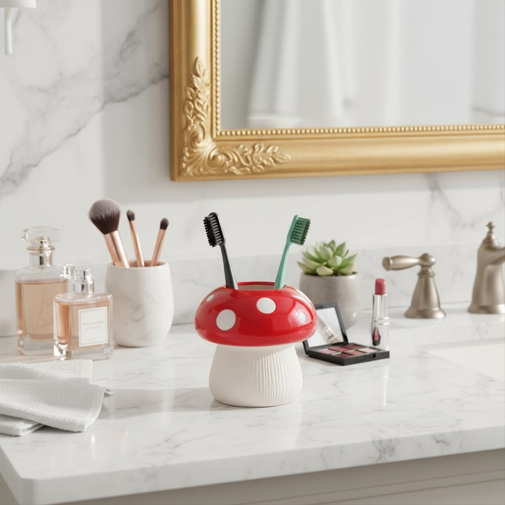 Mushroom Toothbrush Holder ， Cute Toothbrush Holder，Best Mushroom Kitchen Decor and Mushroom Bathroom Decor(Red)