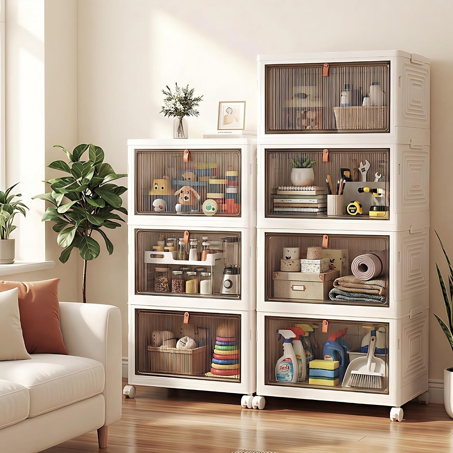 136Qt Large Storage Bins with Lids, 4 Tier Stackable Storage Cabinet with Wheels & Clear Doors, Foldable Plastic Closet Organizer for Bedroom, Bathroom & Kitchen