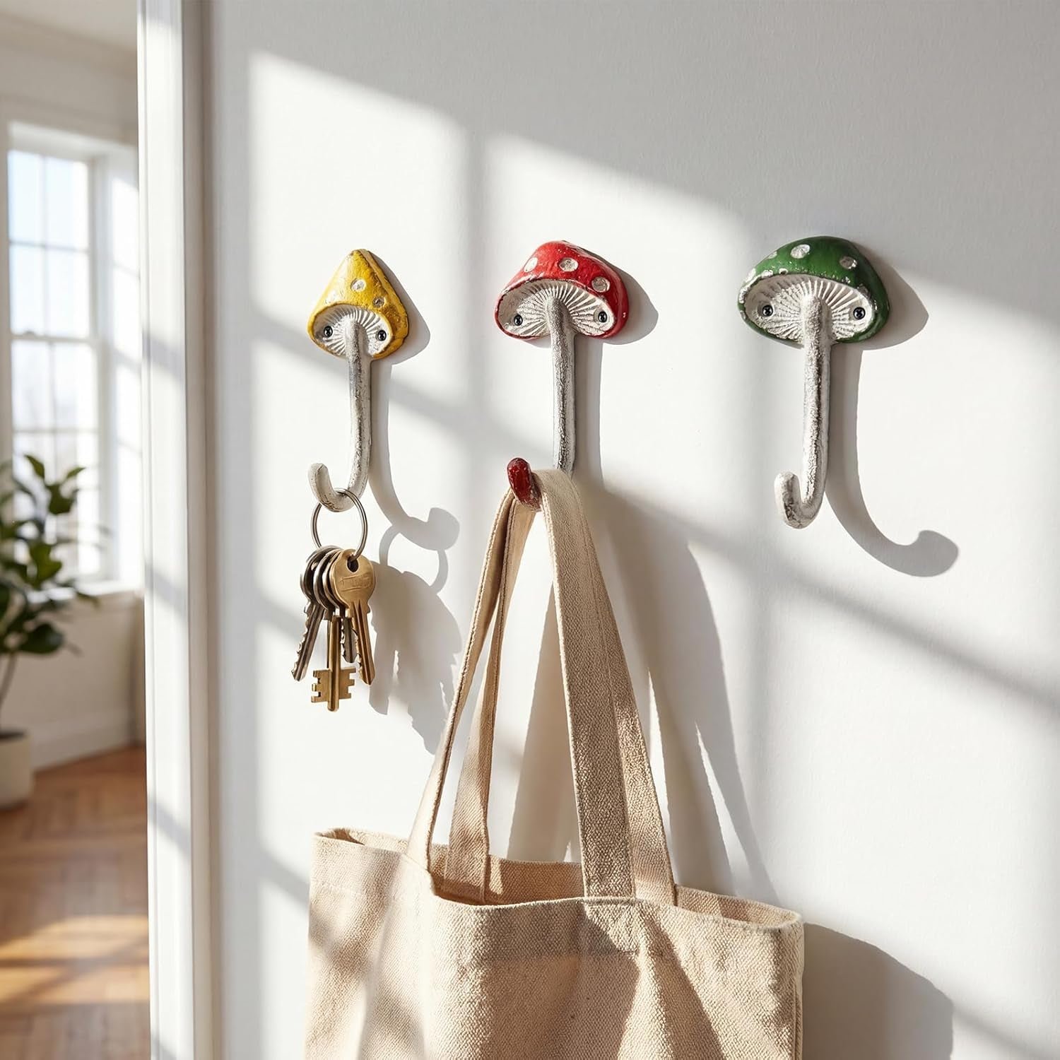 3 Pcs Mushroom Wall Hooks Decorative Iron Mushroom Shaped Hanging Hooks Wall Mounted Coat Towel Bags Hanger Key Holder for Home Bathroom Kitchen(Long Size,Cute Style,Multicolor)