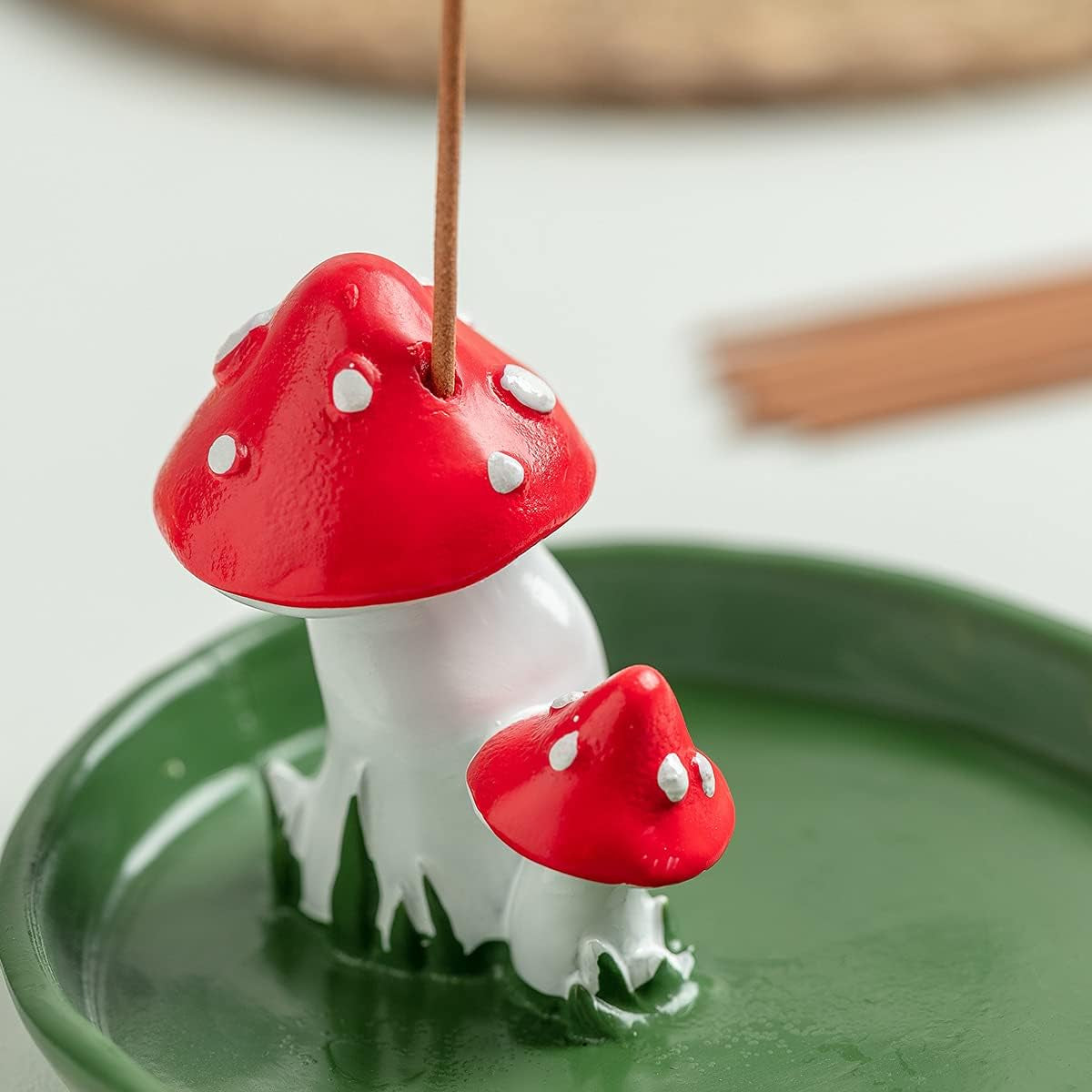 Cute Mushroom Incense Holder with 30 Incense Sticks, Handmade Resin Burner, Nature Theme Incense Tray, Adorable Home Decoration Accessories(Green)