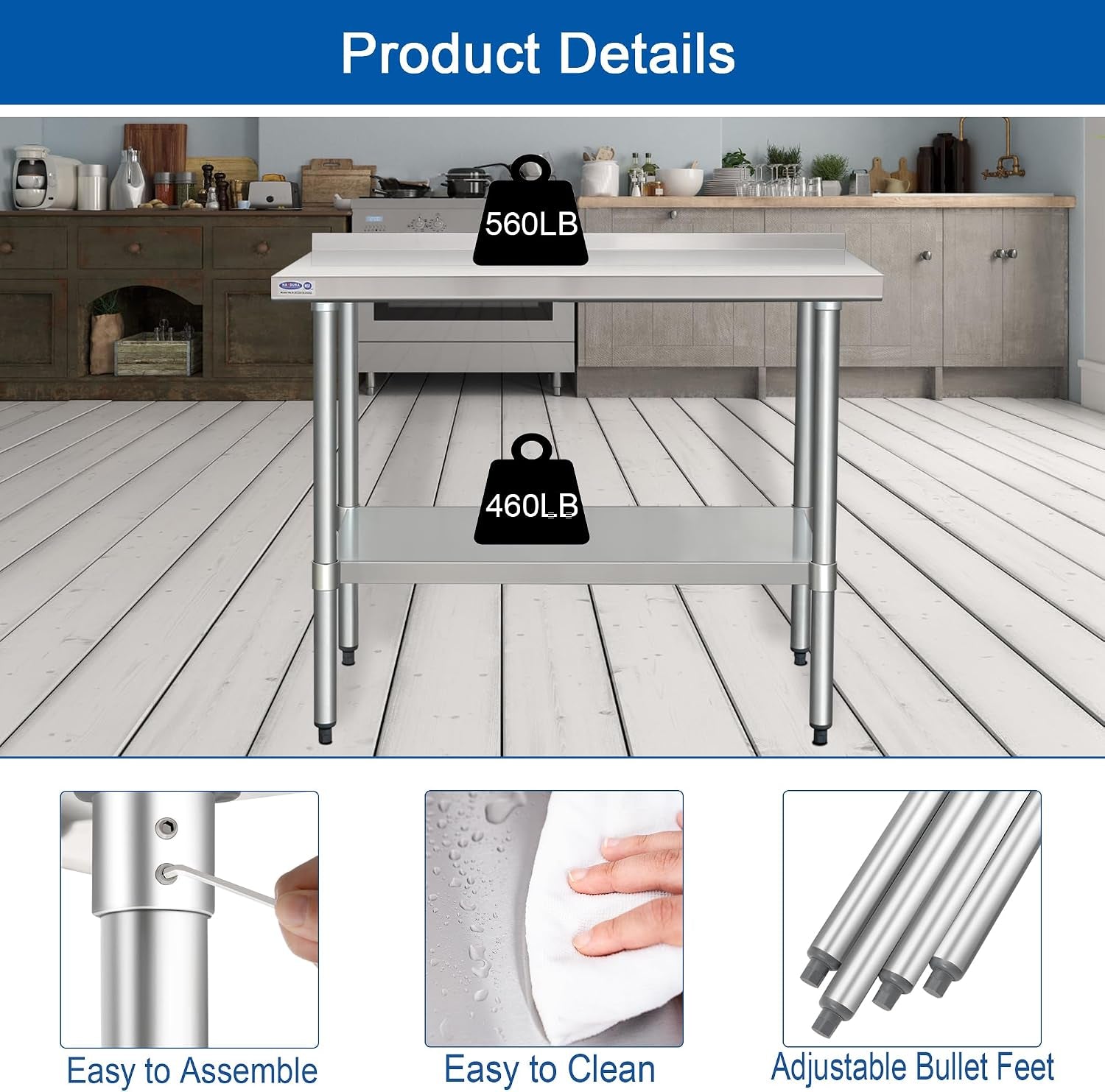 HARDURA Stainless Steel Table with Backsplash Metel Prep Table Commercial Kitchen Workbench 24X60 Inches NSF