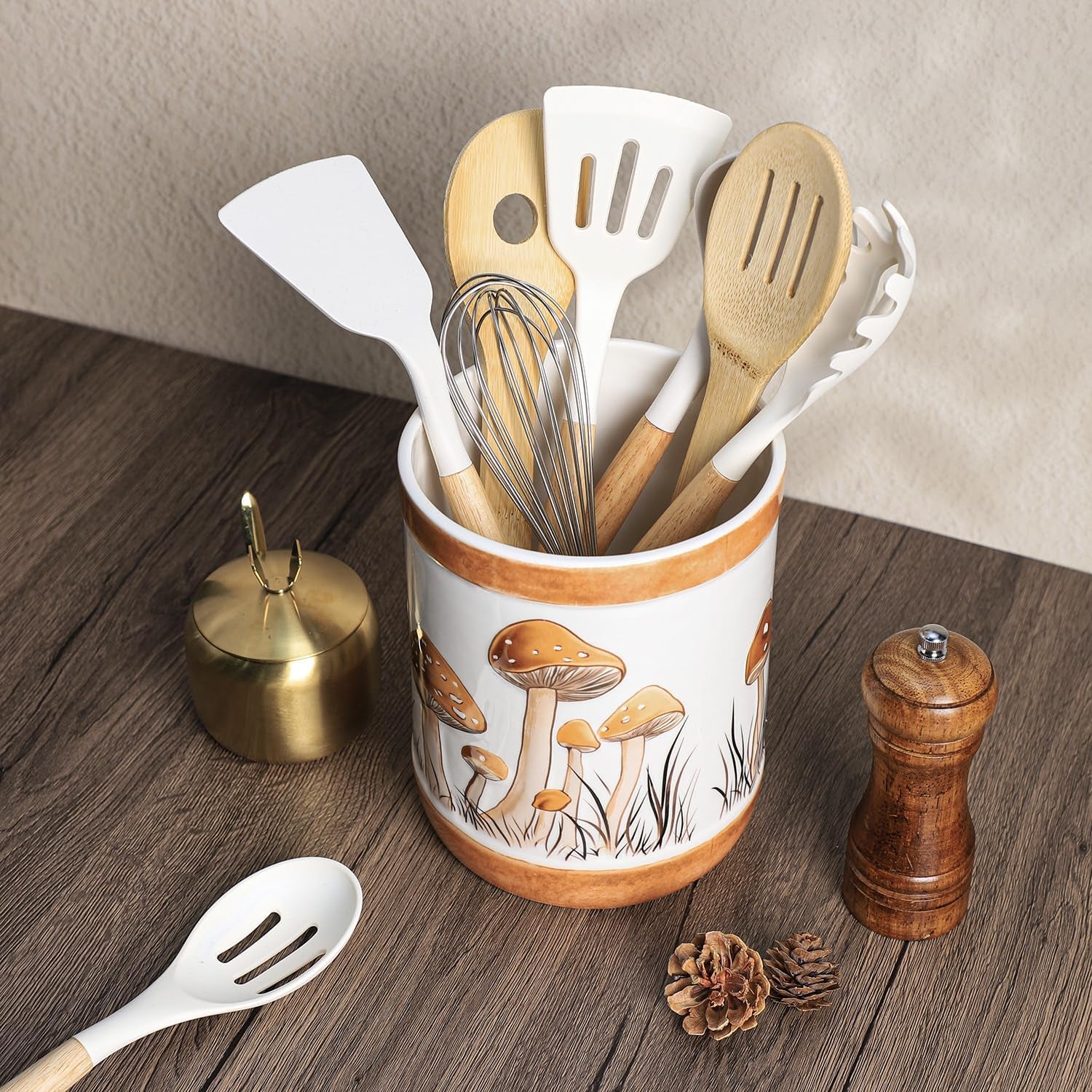 Brown Ceramic Mushroom Pattern Kitchen Utensil Holder, Large Cooking Utensil Crocks for Kitchen Countertop, Ceramic Utensil Organizer