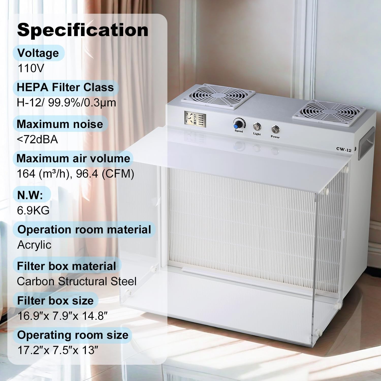 HEPA H12 Laminar Flow Hood 17"X13" （ HEPA 12 Filter Included）,Ffu, Mycology Flow Hood,Portable Laminar Air Flow Hood for Laboratories/Clean Rooms/Mushroom Spores Inoculation 110V